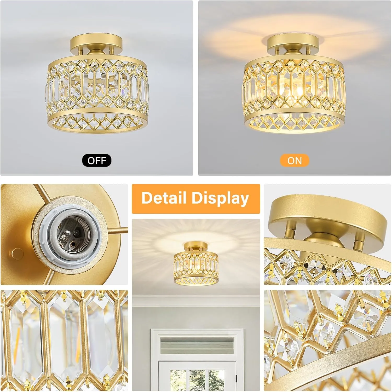 Crystal Ceiling Light Fixture, Modern Semi Flush Mount Ceiling Light, Gold Lighting Fixtures Ceiling Lamp for Hallway, Kitchen, Entryway, Bedroom, Laundry Room, 9.05 Inch
