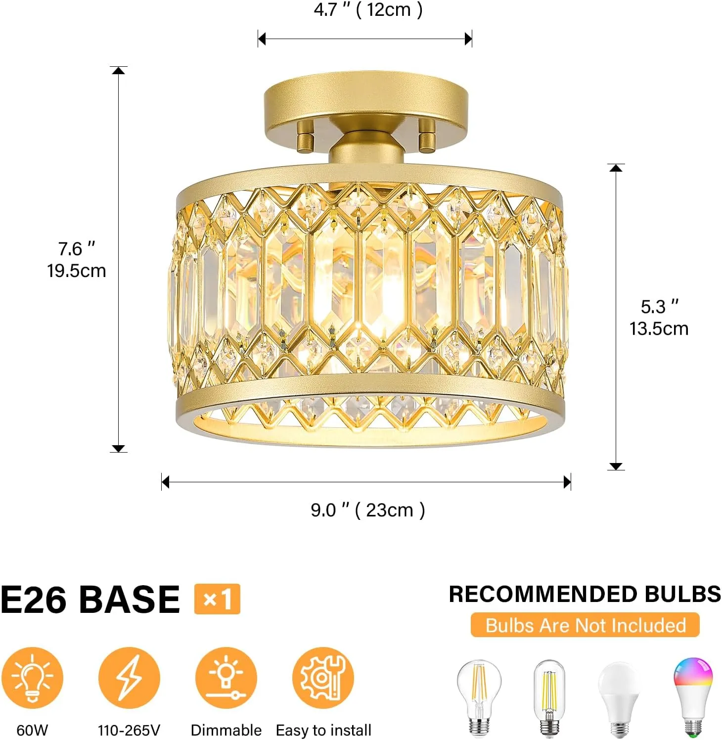 Crystal Ceiling Light Fixture, Modern Semi Flush Mount Ceiling Light, Gold Lighting Fixtures Ceiling Lamp for Hallway, Kitchen, Entryway, Bedroom, Laundry Room, 9.05 Inch