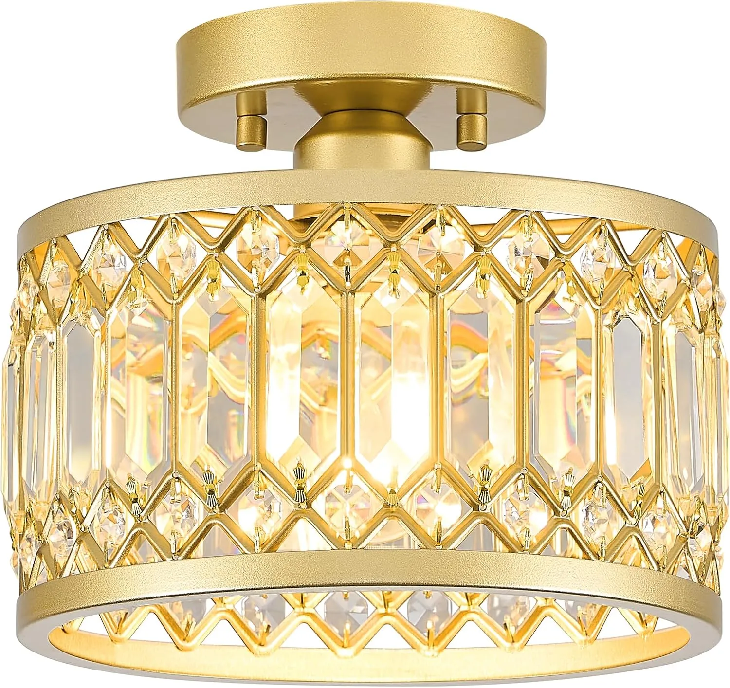 Crystal Ceiling Light Fixture, Modern Semi Flush Mount Ceiling Light, Gold Lighting Fixtures Ceiling Lamp for Hallway, Kitchen, Entryway, Bedroom, Laundry Room, 9.05 Inch