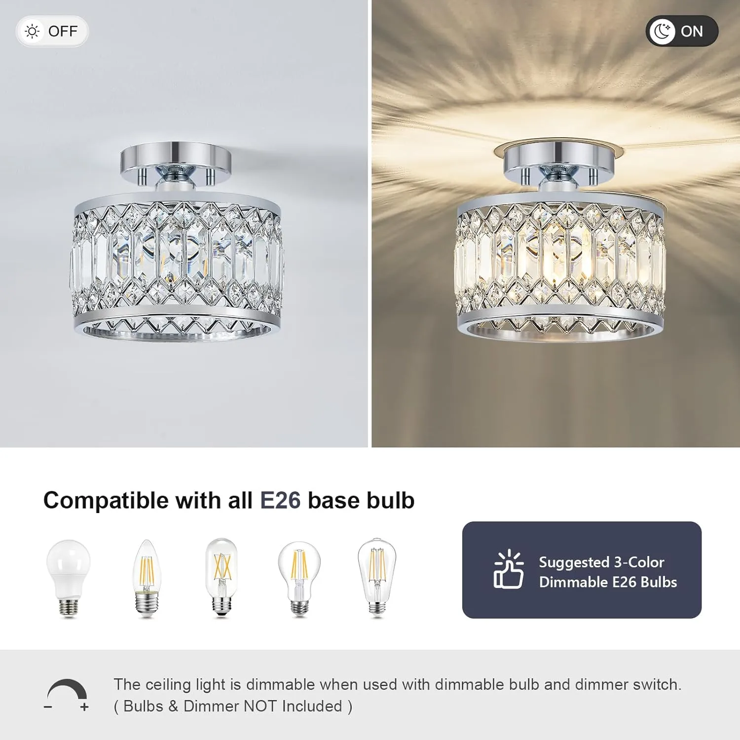 Crystal Chrome Ceiling Light, Modern Semi Flush Mount Ceiling Lighting Fixture, Round Hallway Lighting Fixtures for Entryway Kitchen Bedroom Laundry Room, 1-Light, 9 Inch