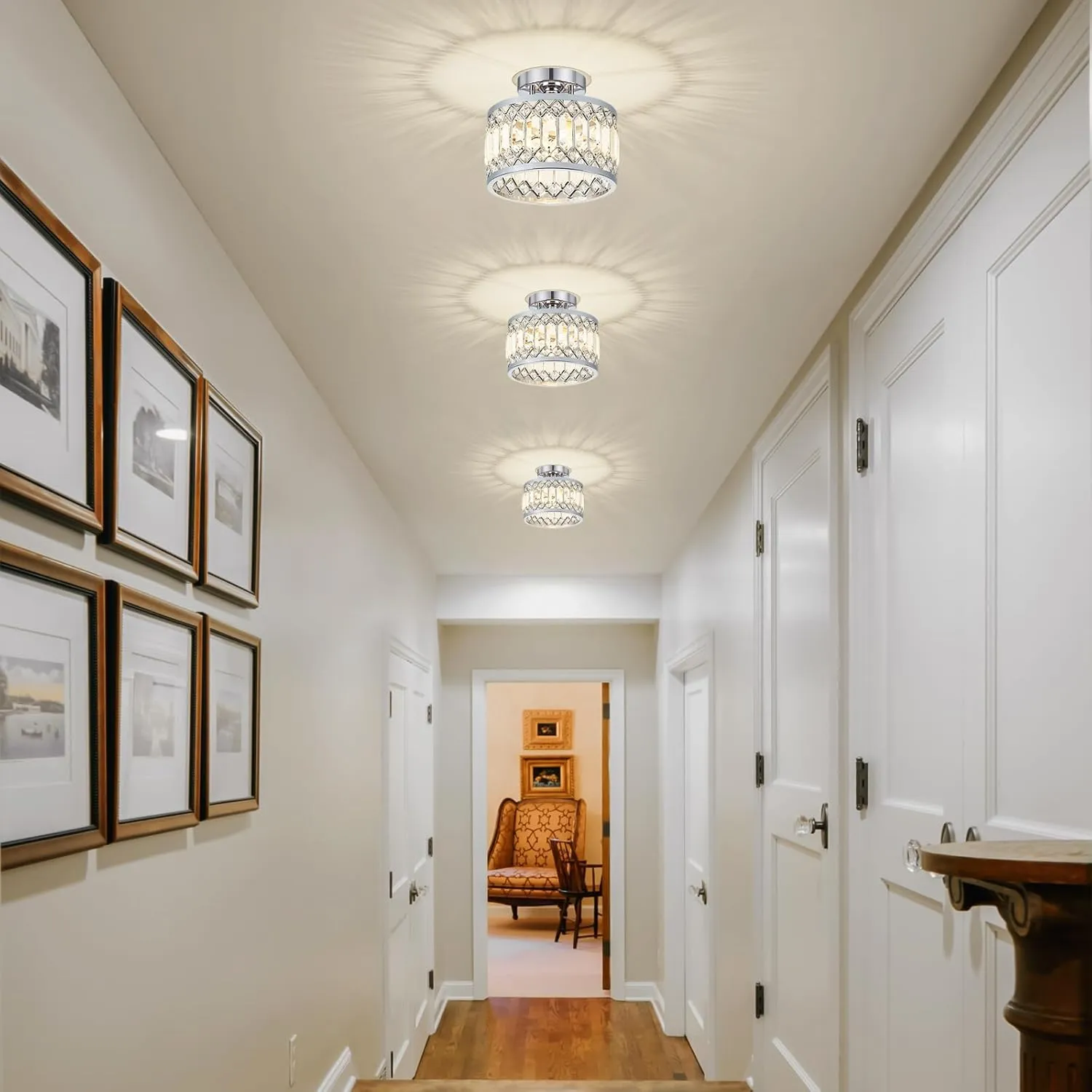 Crystal Chrome Ceiling Light, Modern Semi Flush Mount Ceiling Lighting Fixture, Round Hallway Lighting Fixtures for Entryway Kitchen Bedroom Laundry Room, 1-Light, 9 Inch