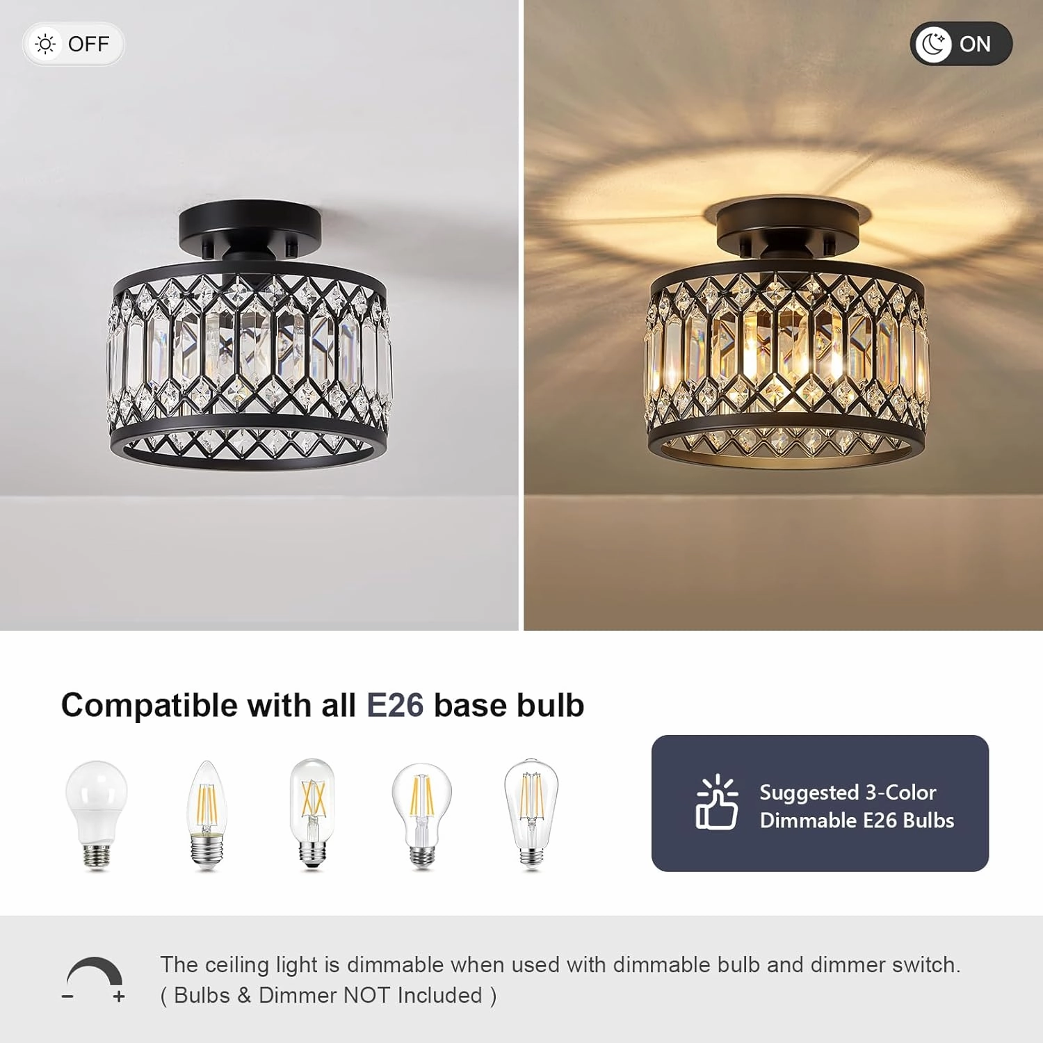 Crystal Black Ceiling Light, Modern Semi Flush Mount Ceiling Lighting Fixture, Round Hallway Lighting Fixtures for Kitchen Entryway Bedroom Laundry Room, 1-Light, 9 Inch