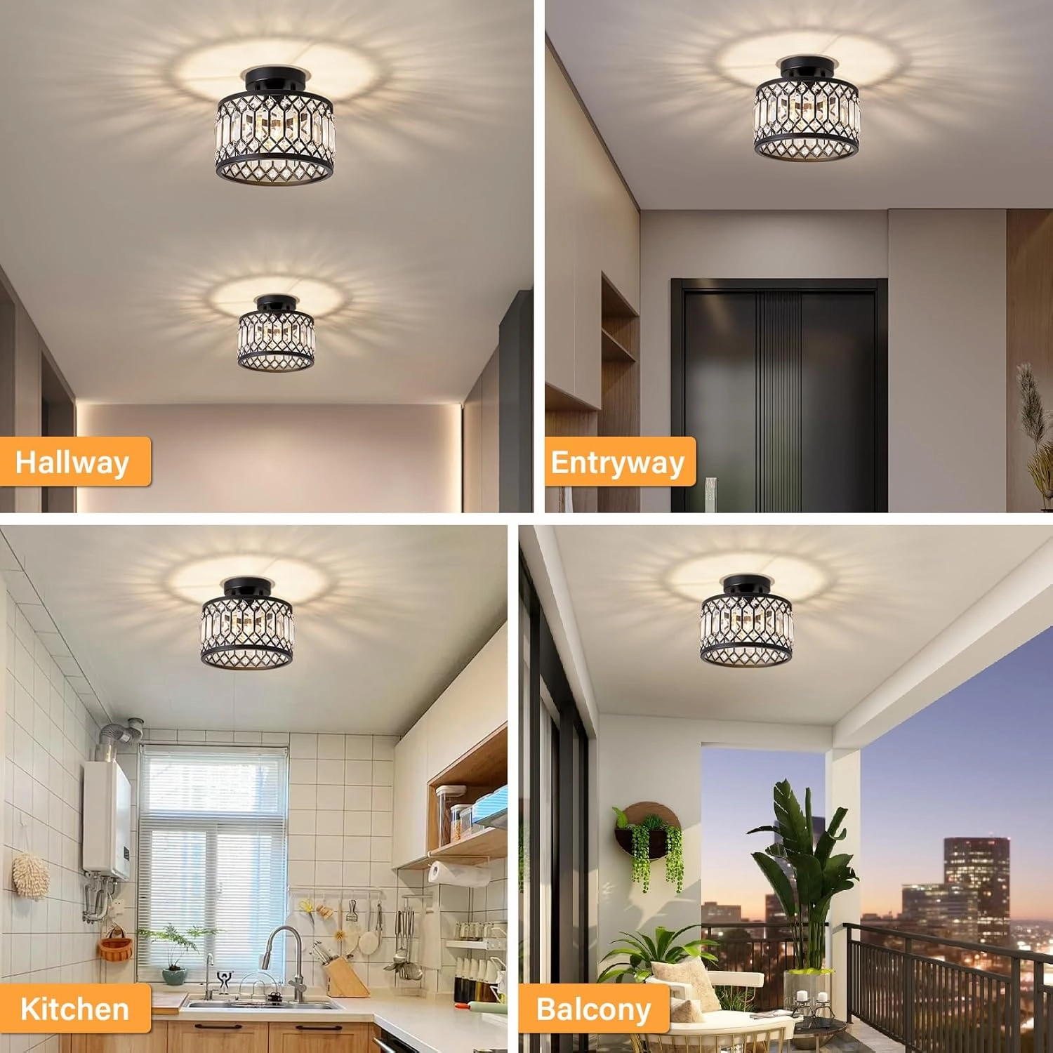 Crystal Ceiling Light Fixture, Modern Semi Flush Mount Ceiling Light, Black Lighting Fixtures Ceiling Lamp for Hallway, Kitchen, Entryway, Bedroom, Laundry Room, 9.05 Inch