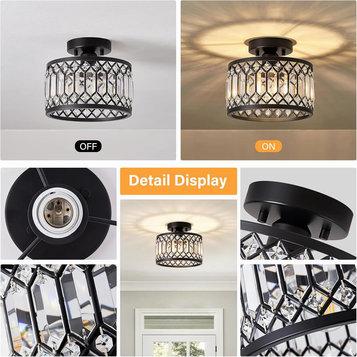 Crystal Ceiling Light Fixture, Modern Semi Flush Mount Ceiling Light, Black Lighting Fixtures Ceiling Lamp for Hallway, Kitchen, Entryway, Bedroom, Laundry Room, 9.05 Inch