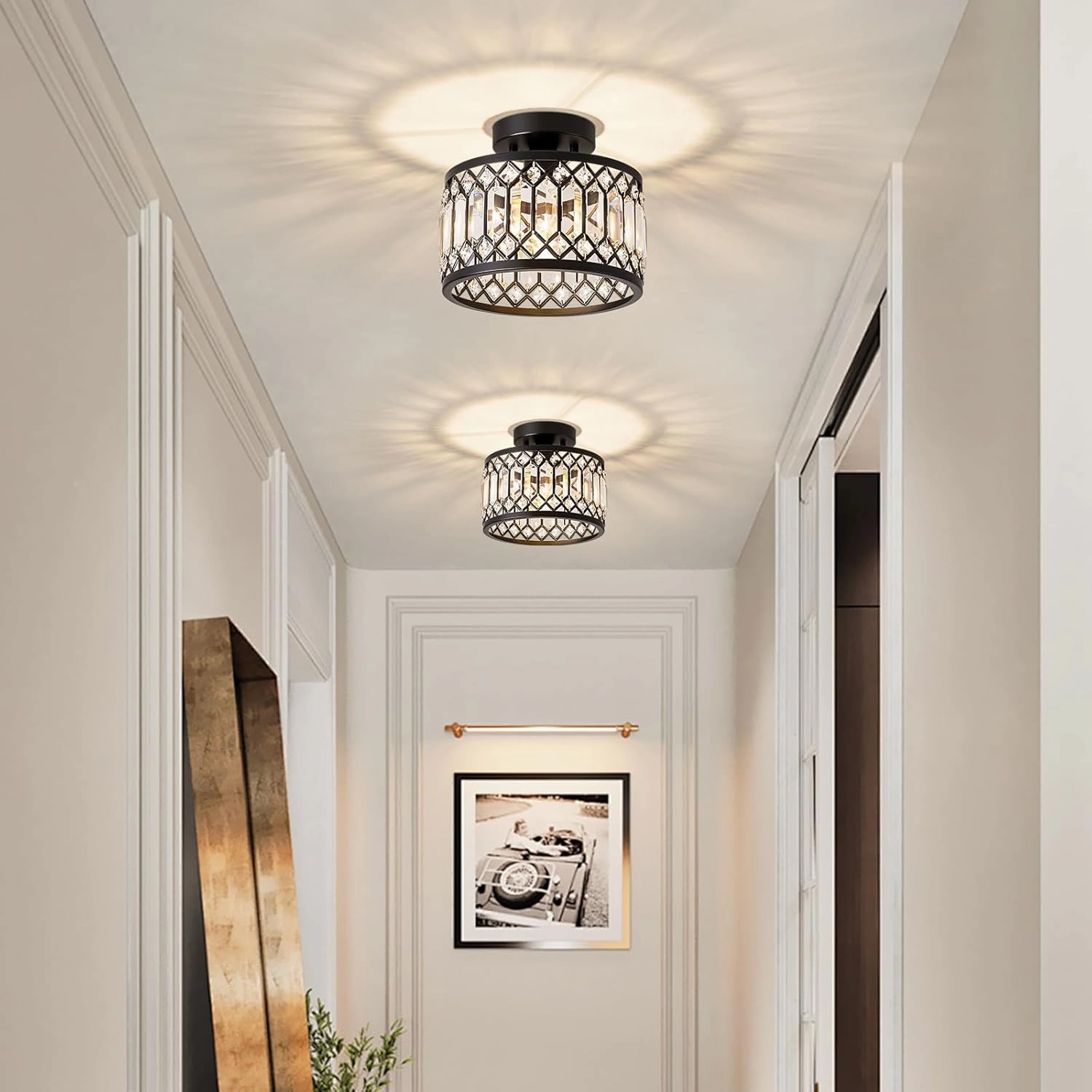 Crystal Ceiling Light Fixture, Modern Semi Flush Mount Ceiling Light, Black Lighting Fixtures Ceiling Lamp for Hallway, Kitchen, Entryway, Bedroom, Laundry Room, 9.05 Inch
