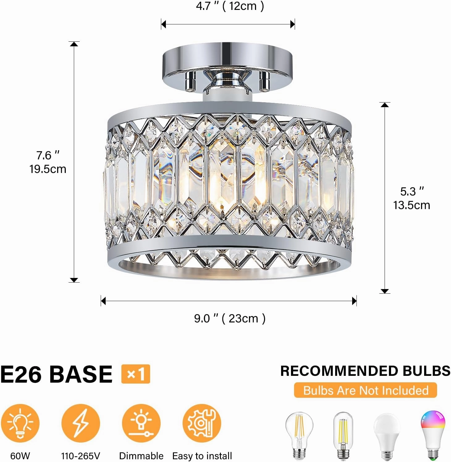Crystal Ceiling Light Fixture, Modern Semi Flush Mount Ceiling Light, Chrome Lighting Fixtures Ceiling Lamp for Hallway, Kitchen, Entryway, Bedroom, Laundry Room, 9.05 Inch
