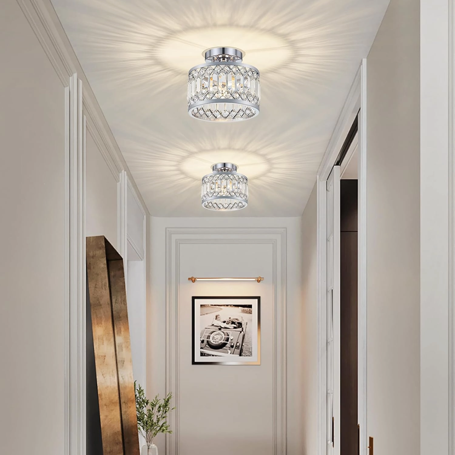 Crystal Ceiling Light Fixture, Modern Semi Flush Mount Ceiling Light, Chrome Lighting Fixtures Ceiling Lamp for Hallway, Kitchen, Entryway, Bedroom, Laundry Room, 9.05 Inch