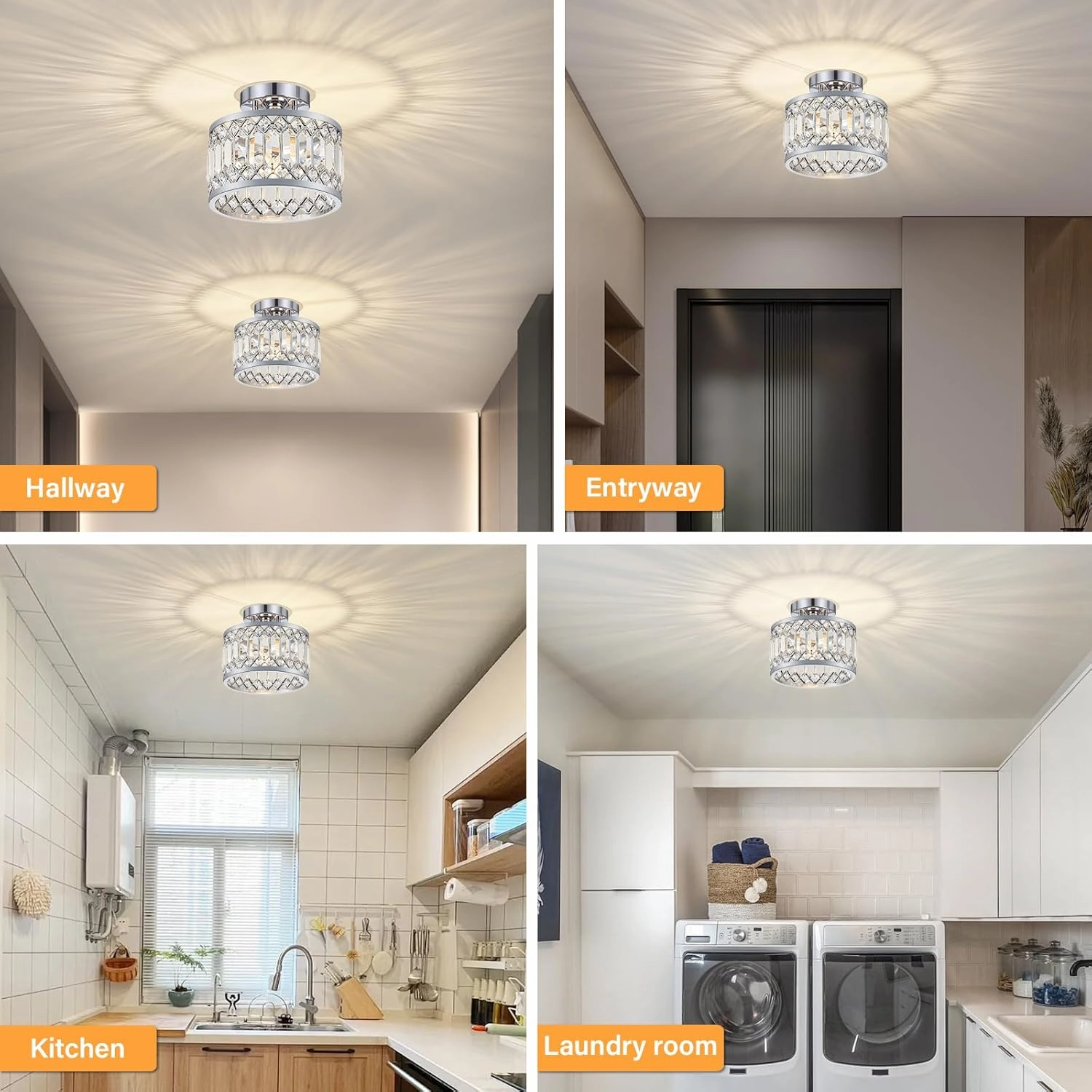 Crystal Ceiling Light Fixture, Modern Semi Flush Mount Ceiling Light, Chrome Lighting Fixtures Ceiling Lamp for Hallway, Kitchen, Entryway, Bedroom, Laundry Room, 9.05 Inch