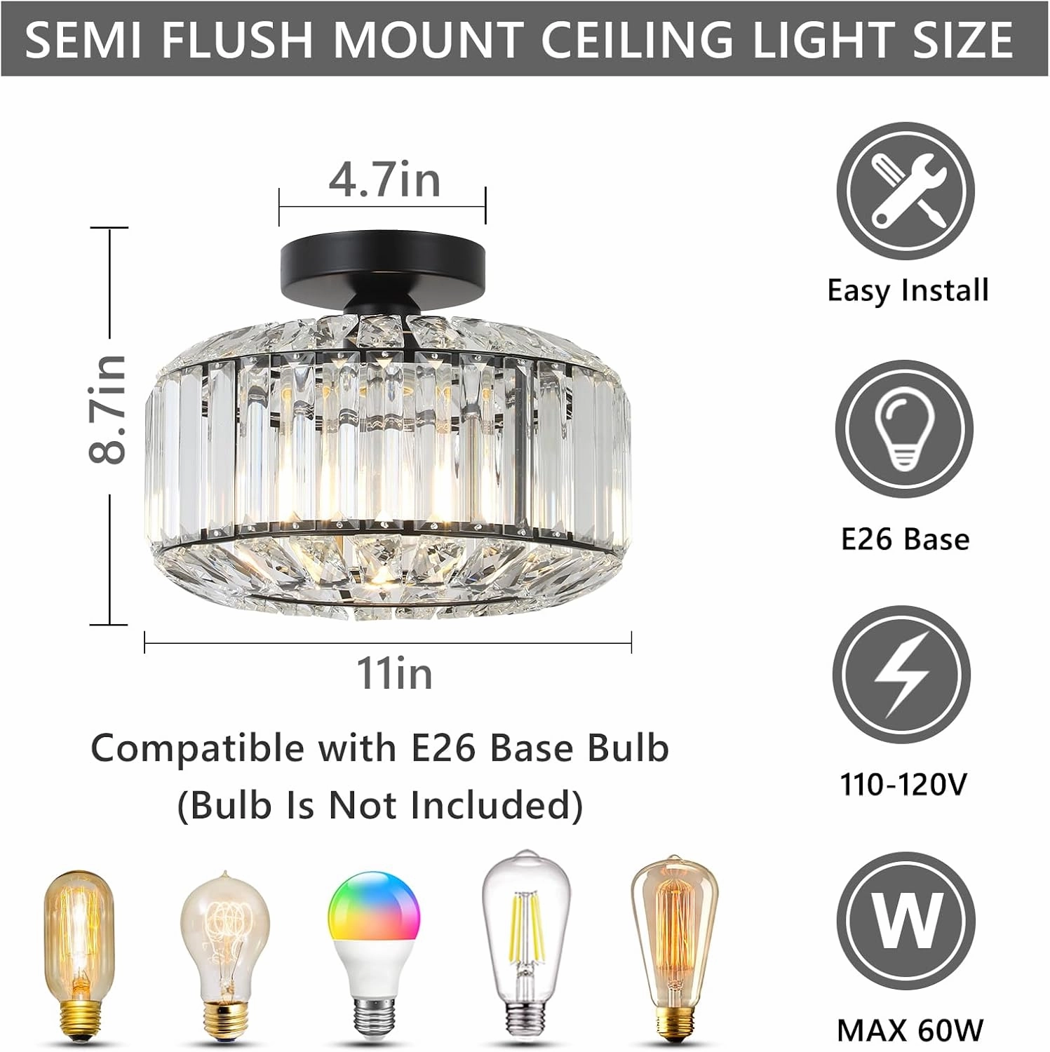 Crystal Semi Flush Mount Ceiling Light, Black Kitchen Lighting Fixtures Ceiling, Modern Bedroom Chandelier Living Room Light Fixtures Ceiling Mount, Bathroom Ceiling Light for Entryway Hallway