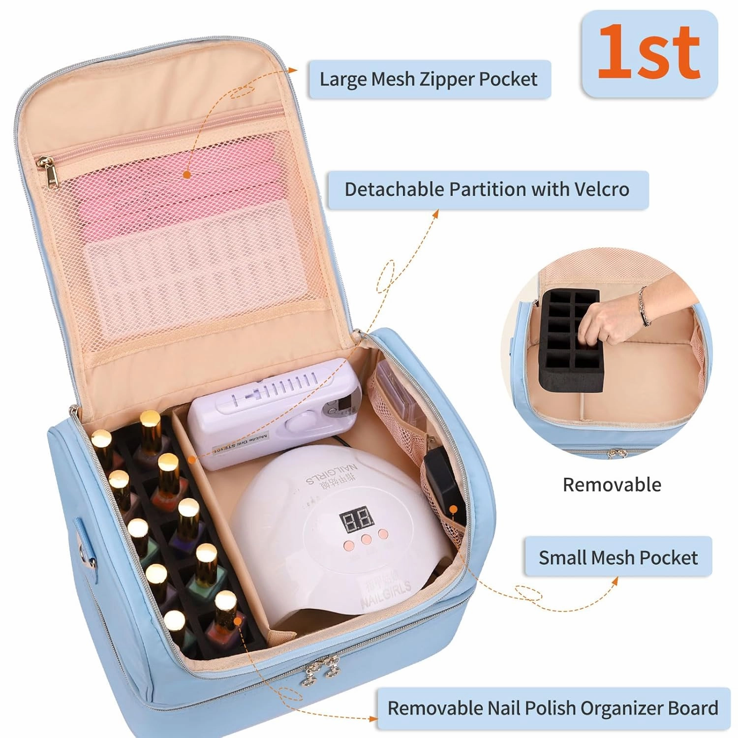 CUBETASTIC Nail Polish Organizer Case, Nail Supplies Storage Box Holds Nail Polish Bottles & Nail Lamp, Travel Nail Tech Carrying Case, Nail Kit Bag For Nail Stuff & Manicure Tools (Blue, 45 Slots)