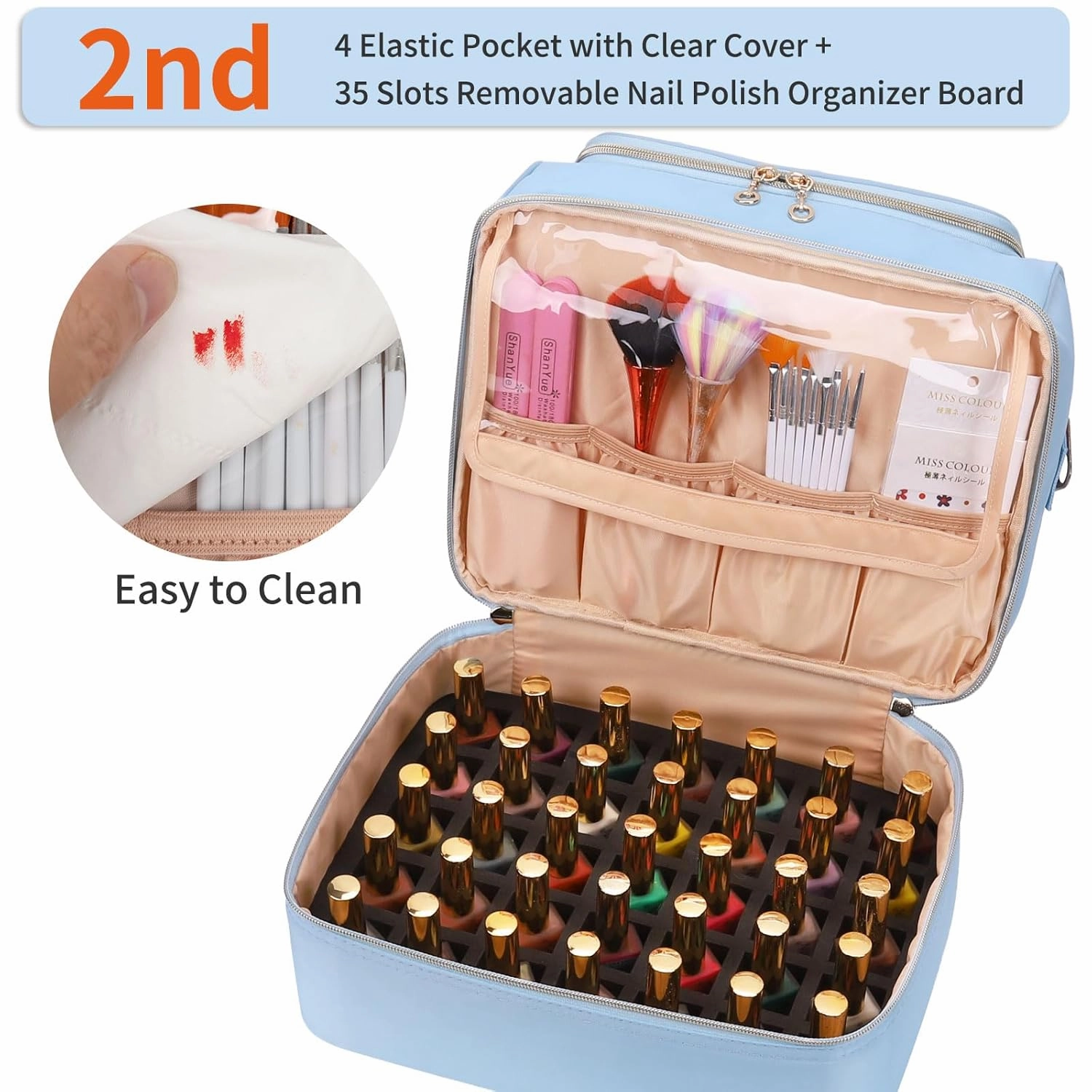 CUBETASTIC Nail Polish Organizer Case, Nail Supplies Storage Box Holds Nail Polish Bottles & Nail Lamp, Travel Nail Tech Carrying Case, Nail Kit Bag For Nail Stuff & Manicure Tools (Blue, 45 Slots)