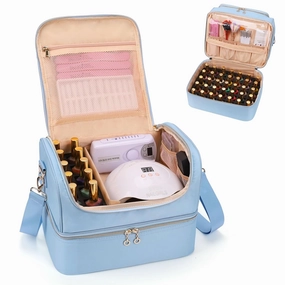 CUBETASTIC Nail Polish Organizer Case, Nail Supplies Storage Box Holds Nail Polish Bottles & Nail Lamp, Travel Nail Tech Carrying Case, Nail Kit Bag For Nail Stuff & Manicure Tools (Blue, 45 Slots)
