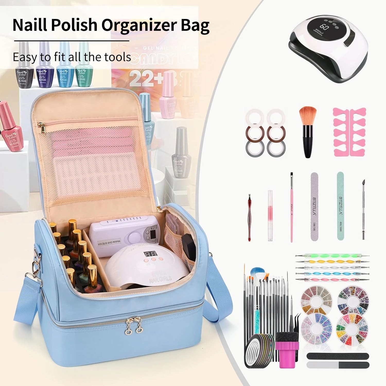 CUBETASTIC Nail Polish Organizer Case, Nail Supplies Storage Box Holds Nail Polish Bottles & Nail Lamp, Travel Nail Tech Carrying Case, Nail Kit Bag For Nail Stuff & Manicure Tools (Blue, 45 Slots)