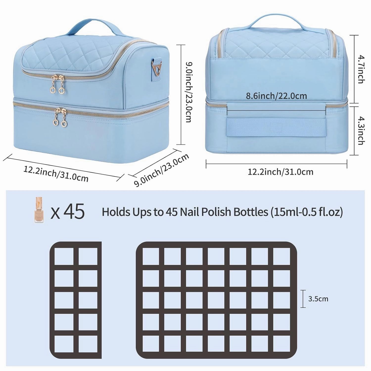 CUBETASTIC Nail Polish Organizer Case, Nail Supplies Storage Box Holds Nail Polish Bottles & Nail Lamp, Travel Nail Tech Carrying Case, Nail Kit Bag For Nail Stuff & Manicure Tools (Blue, 45 Slots)