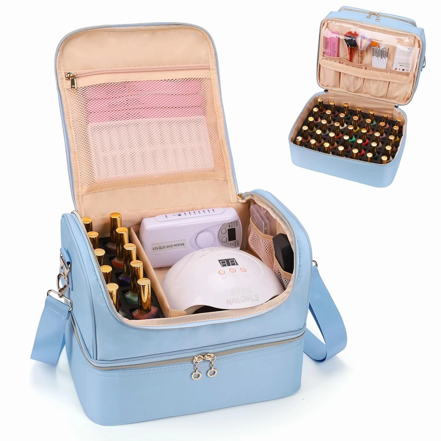 CUBETASTIC Nail Polish Organizer Case, Nail Supplies Storage Box Holds Nail Polish Bottles & Nail Lamp, Travel Nail Tech Carrying Case, Nail Kit Bag For Nail Stuff & Manicure Tools (Blue, 45 Slots)