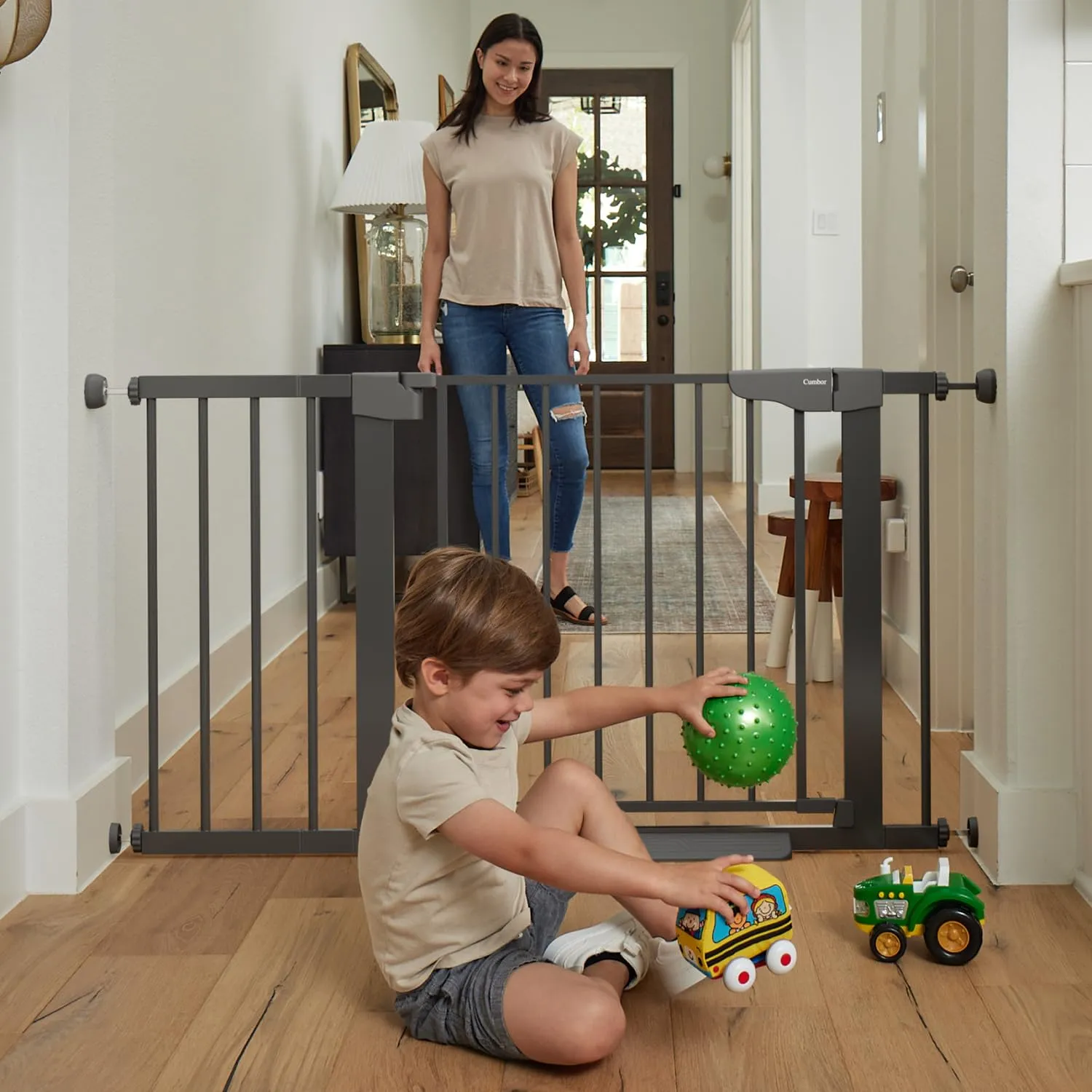 Cumbor 2 Pack 29.7-46" Baby Gate for Stairs, Mom's Choice Awards Winner-Auto Close Dog Gate for doorways, Easy Install Pressure Mounted Pet Gates indoor, Easy Walk Thru Wide Safety Gate for Dog, Black