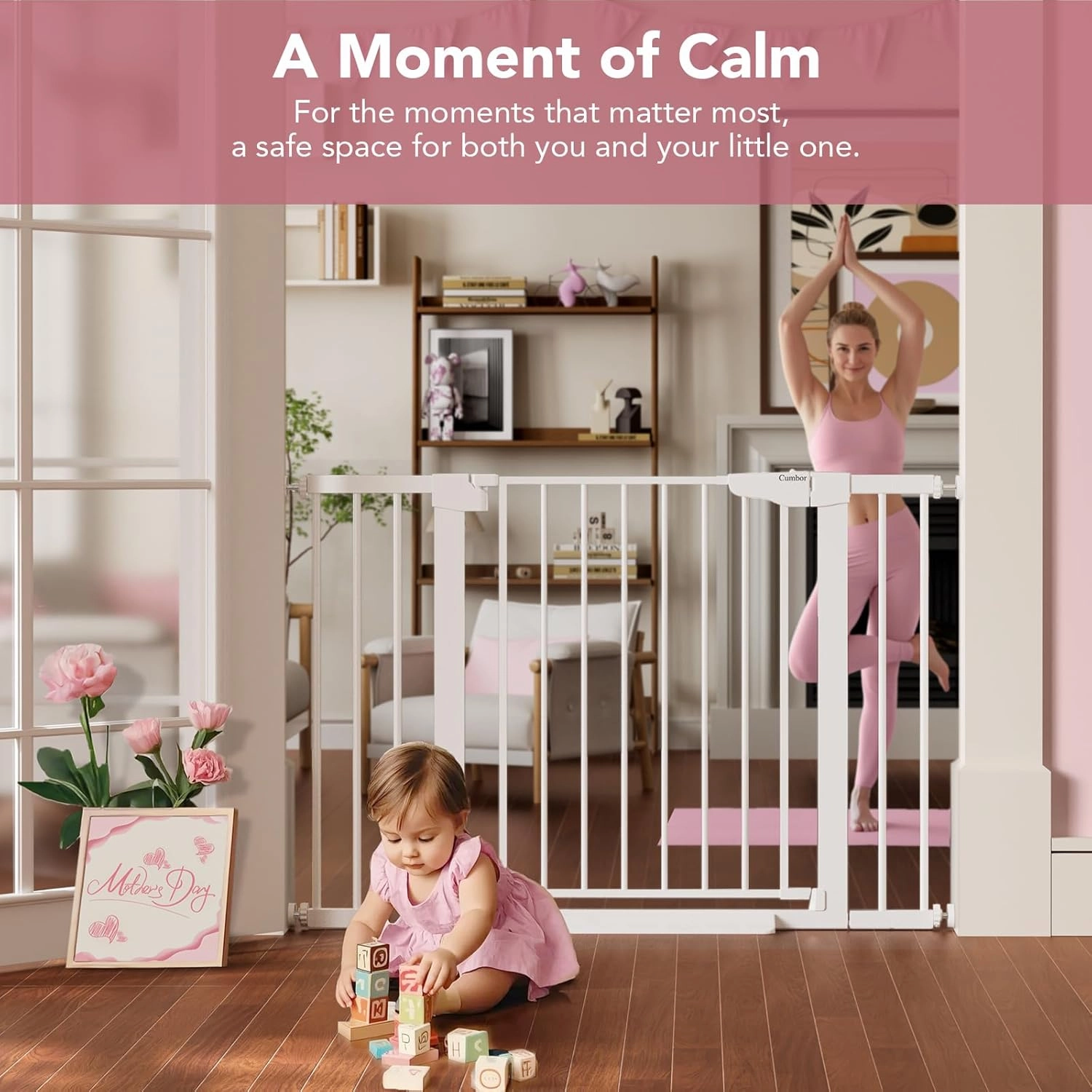 Cumbor 29.7-46" Baby Gate for Stairs, Toddler Safety Essentials for The House, Auto Close Dog Gate for Doorways, Mom's Choice Awards Winner-Easy Install Pressure Mounted Pet Gates for Dogs, White
