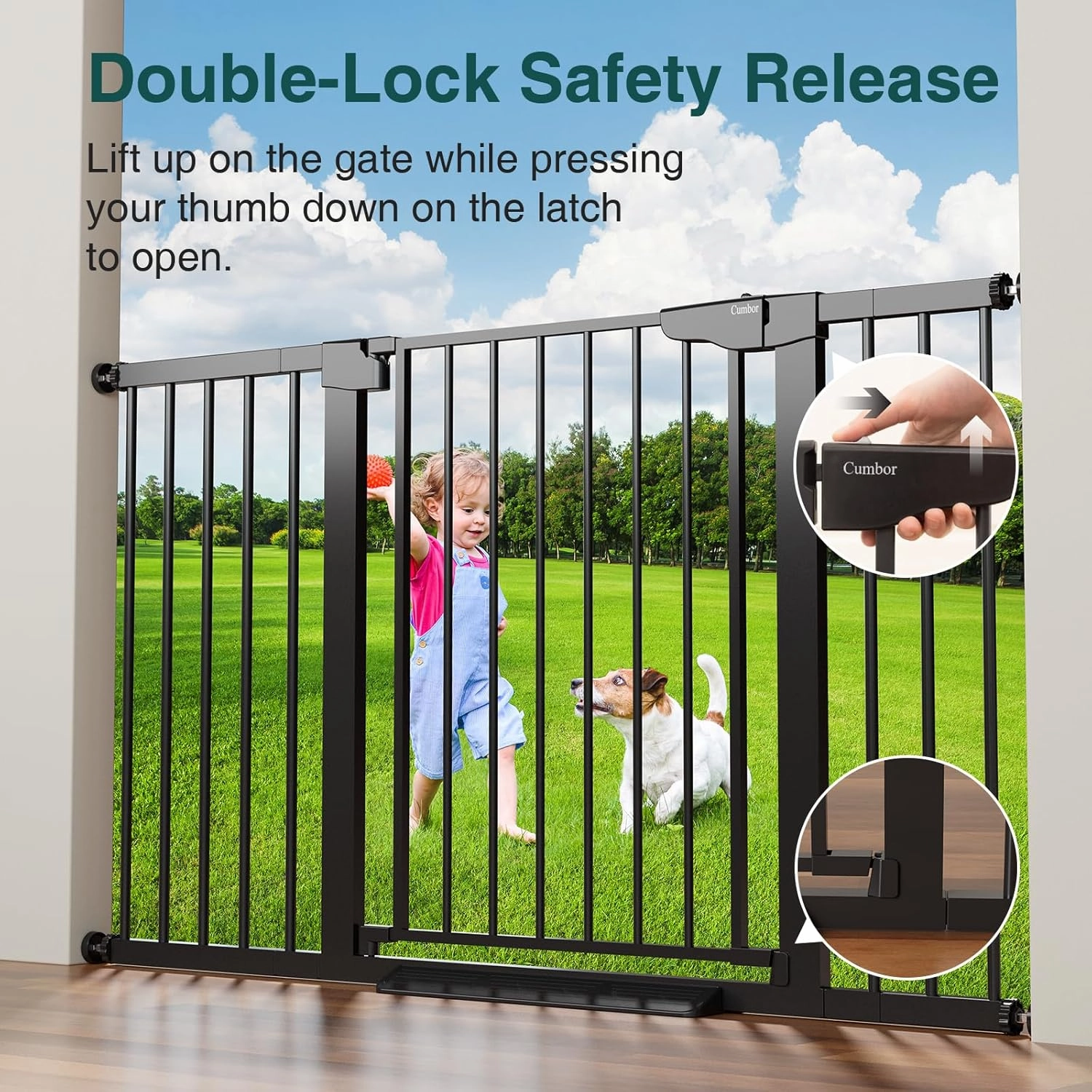 Cumbor 29.7-54.2" Wide Baby Gate for Stairs, Mom's Choice Awards Winner-Self Closing Dog Gate Indoor for Doorways, No Drilling Pressure Mounted Pet Gates for Kids, Easy Walk Through Safety Gate, Black