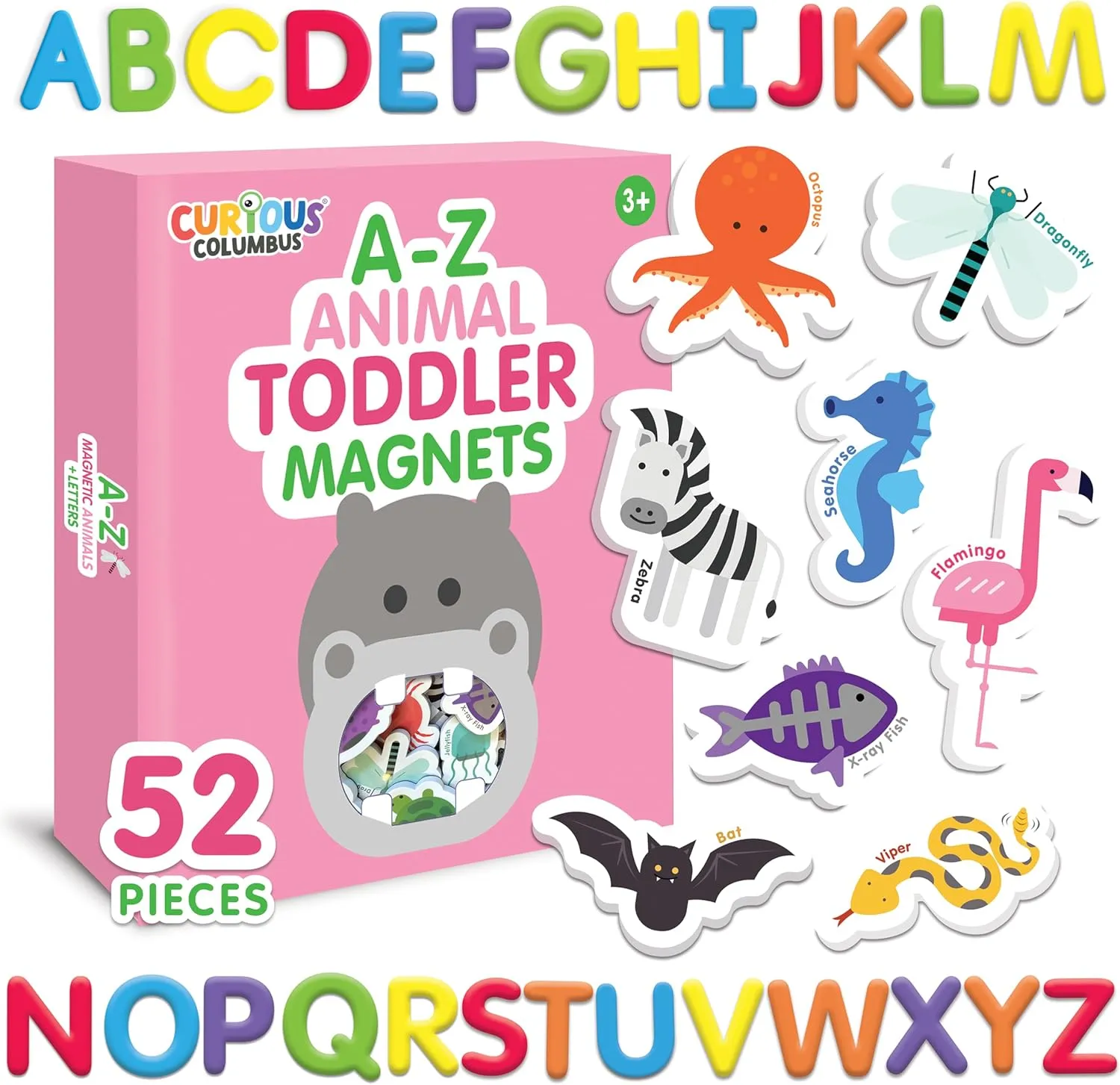 Curious Columbus Toddler Magnets – Animal Fridge Magnets for Kids | 52 Refrigerator Magnets with 26 Animals   26 ABC Magnetic Letters | Foam Alphabet Learning Set for Toddlers