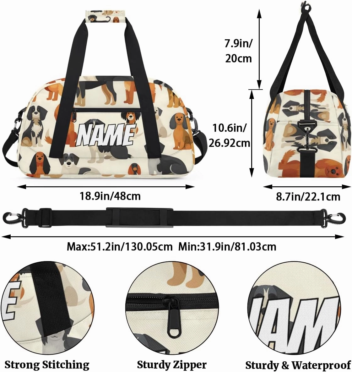 Custom Cute Dog Sports Gym Bag Personalized Pet Animals Name Travel Duffel Bag Customized Weekender Overnight Bags for Women Men