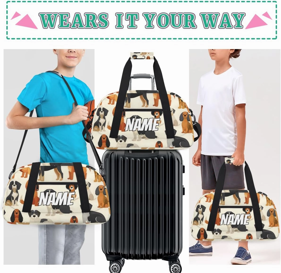 Custom Cute Dog Sports Gym Bag Personalized Pet Animals Name Travel Duffel Bag Customized Weekender Overnight Bags for Women Men