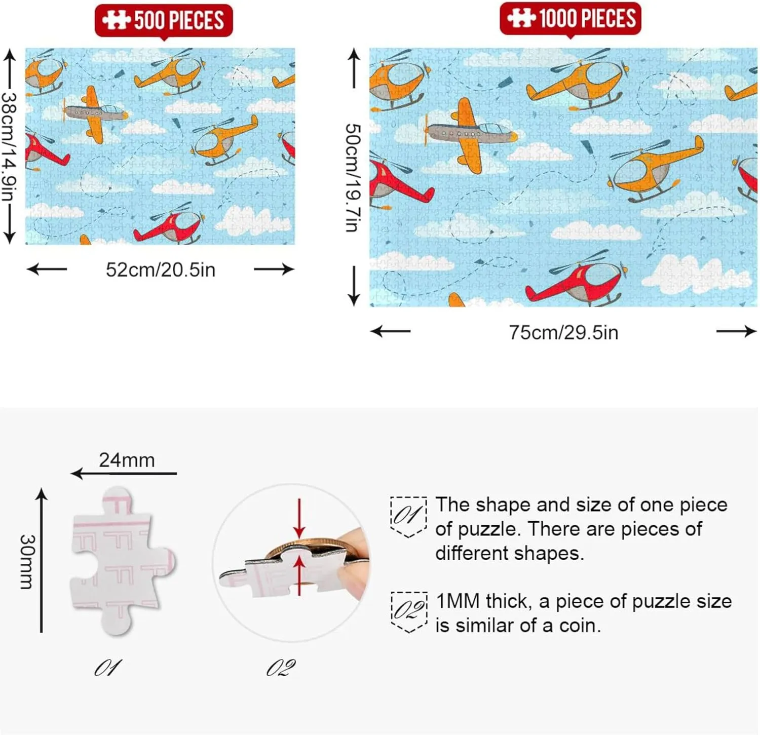 Cute Airplane Helicopter Blue Sky Jigsaw Puzzles 500 Pieces Adults Game Tech Gifts Unique Puzzle Gifts Home Decor Art, 20.5x14.9 Inch