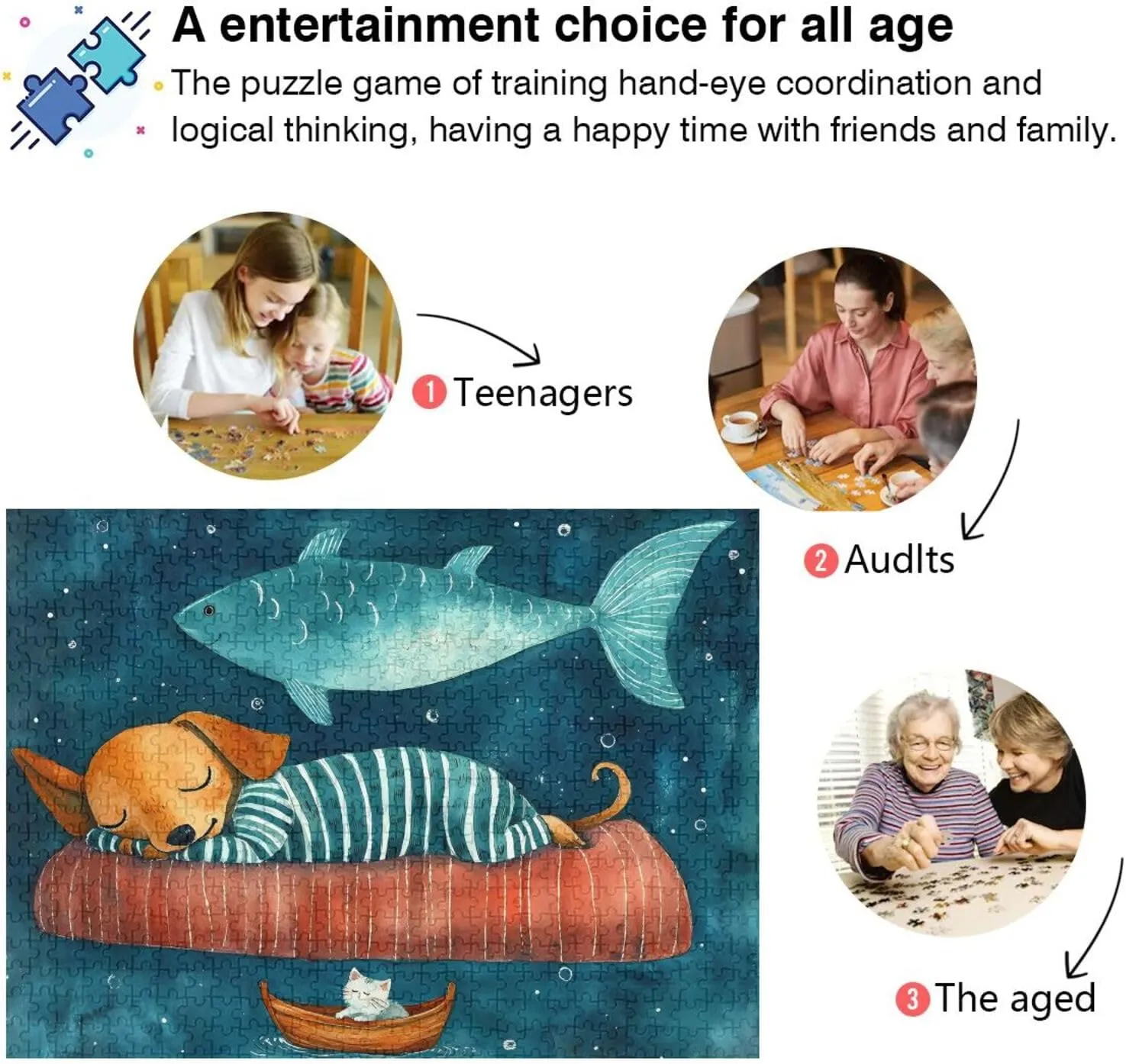 Cute Creepy Dachshund Fish Puzzle Games for Adults with Letters on Back Puzzle 1000 Pieces Adult