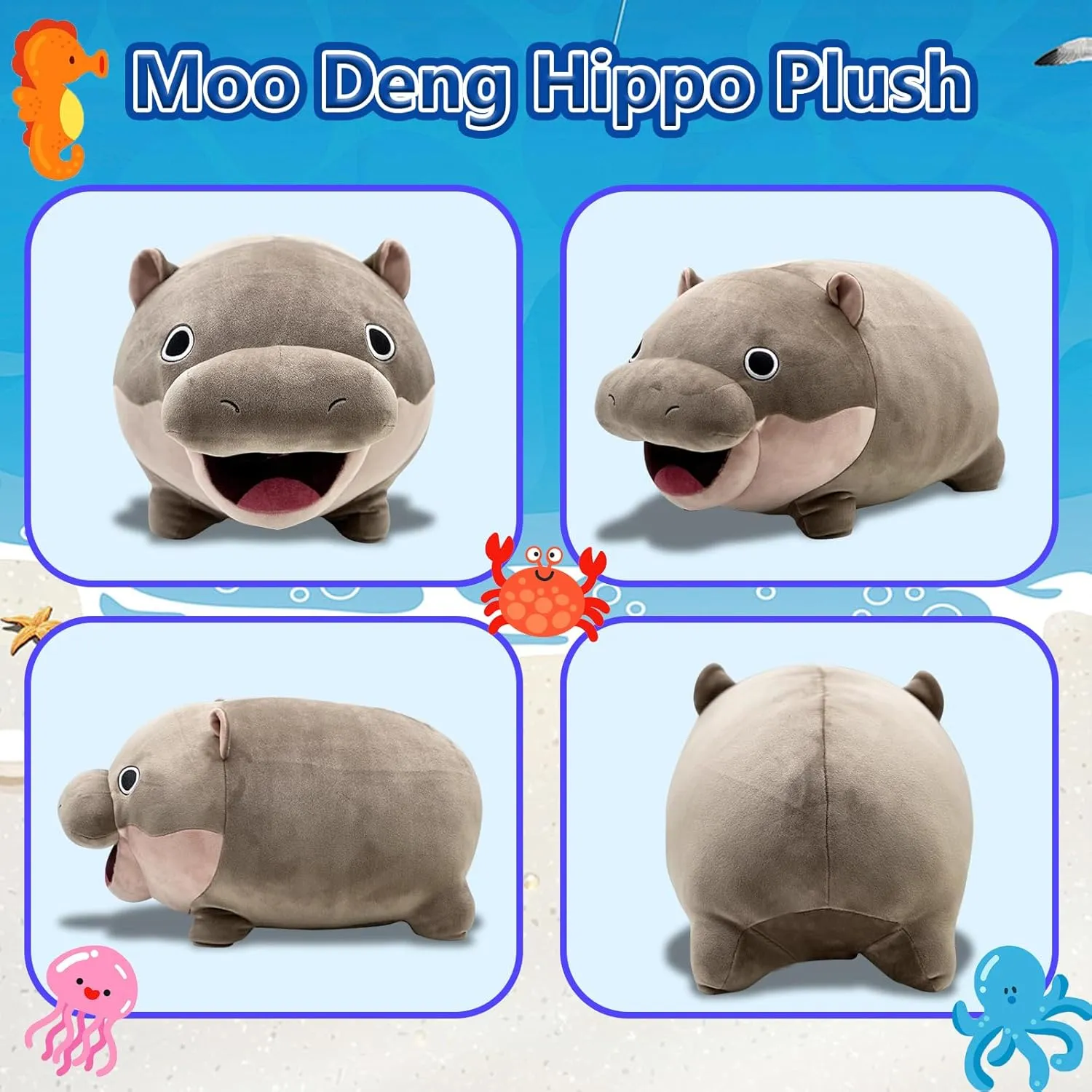 Cute Moo Deng Hippo Plush Pygmy Hippo Plushie Toy Soft MooDeng Hippo Stuffed Animals for Fans Gift Moo Deng Hippopotamus Plushie Doll for Boys Girls Kids Adults 16 inch