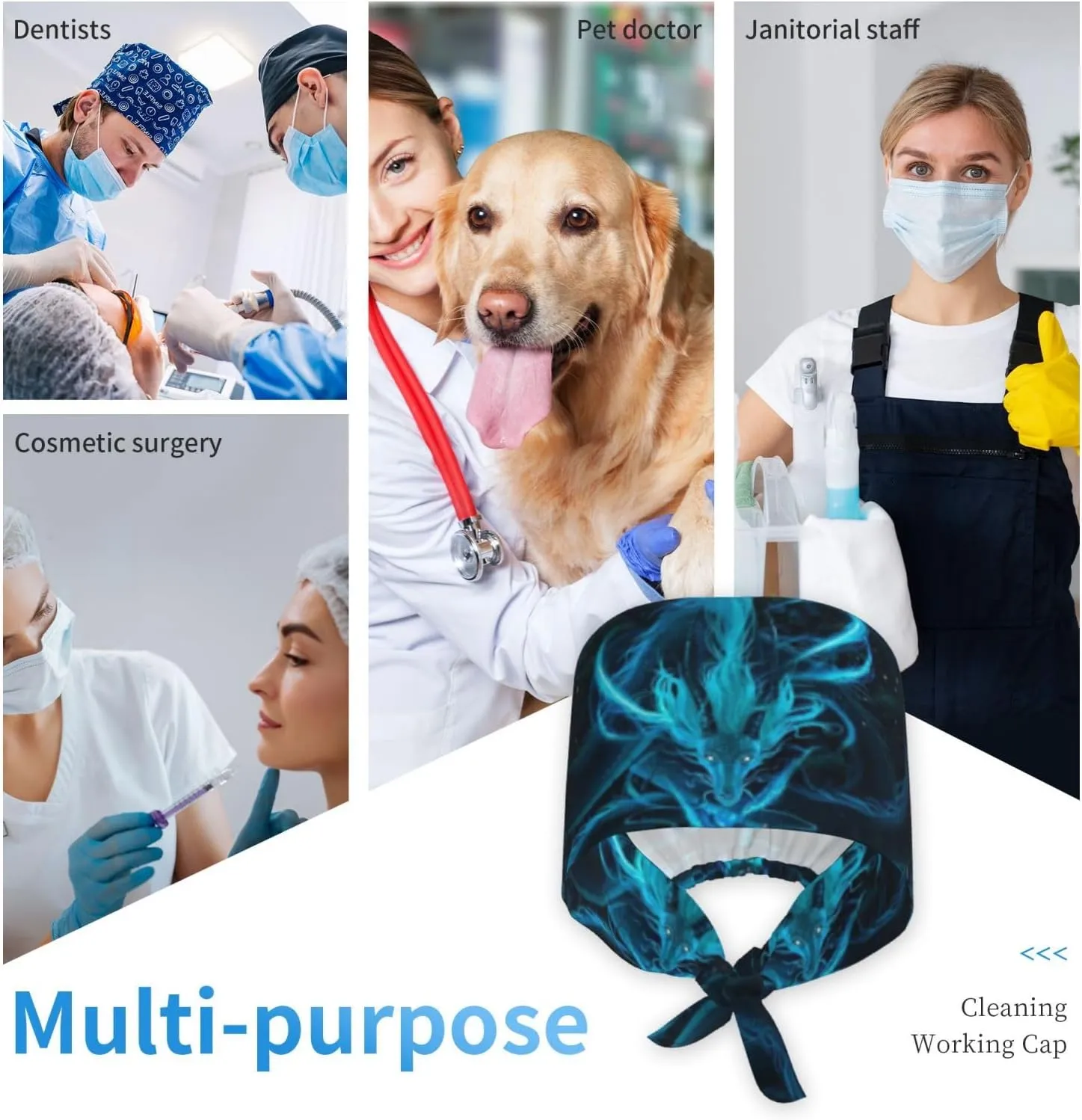 Cute Pug Dog Print Working Cap Scrub Cap with Sweatband,Adjustable Fashion Bandage Tie Back Hat Headwear for Women Men