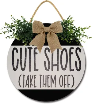Cute Shoes Take Them Off Door Sign Home Decor Round Wood Wreaths Wall Hanging Sign Farmhouse Porch Sign Front Door Decoration for Housewarming Gift All Seasons Holiday,12In