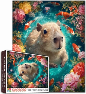 Cute Capybara Swimming Jigsaw Puzzles for Adults Animals Koi Fish 1000 Pieces Puzzles for Family Activity Games Flowers Art Jigsaw Puzzle DIY Craft Puzzles Home Decor Unique Gift 20x27 Inches