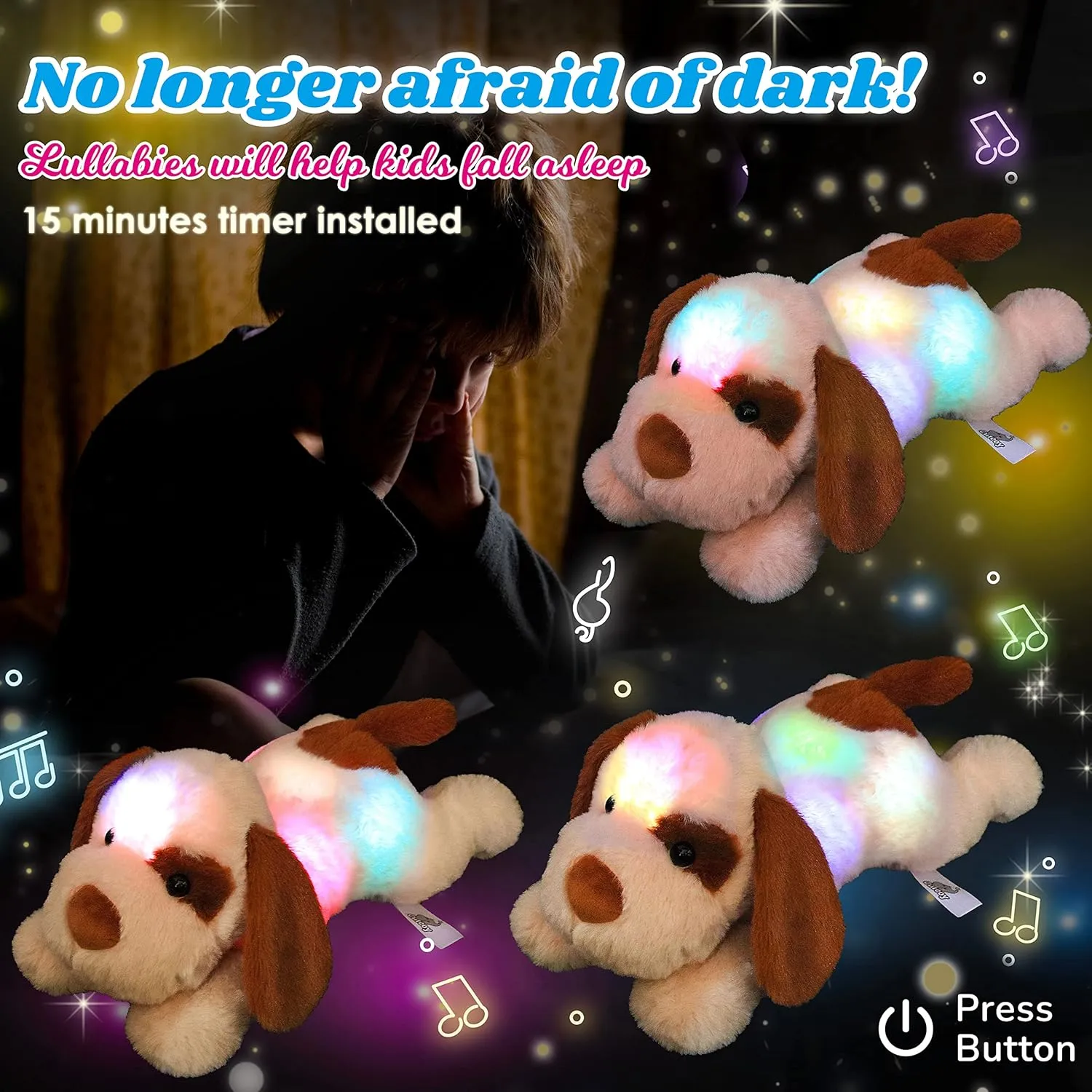 Cuteoy Musical Plush Dog Stuffed Animal Soft Glowing LED Light-up Nightlight Toys Singing Lullabies Birthday Christmas Plushies Puppy Gifts for Kids Boys Girls,14"
