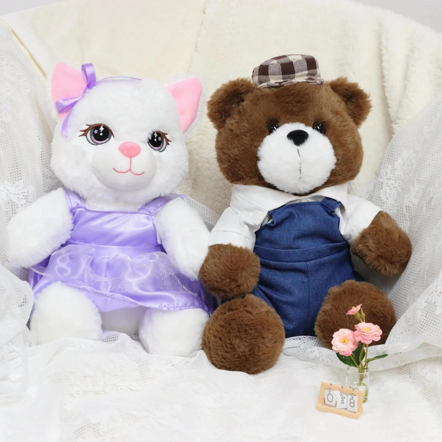 Cuteoy White Cat Stuffed Animal in Purple Dress Soft Plush Kitty Toy Cute Plushies for Girls Boys Birthday