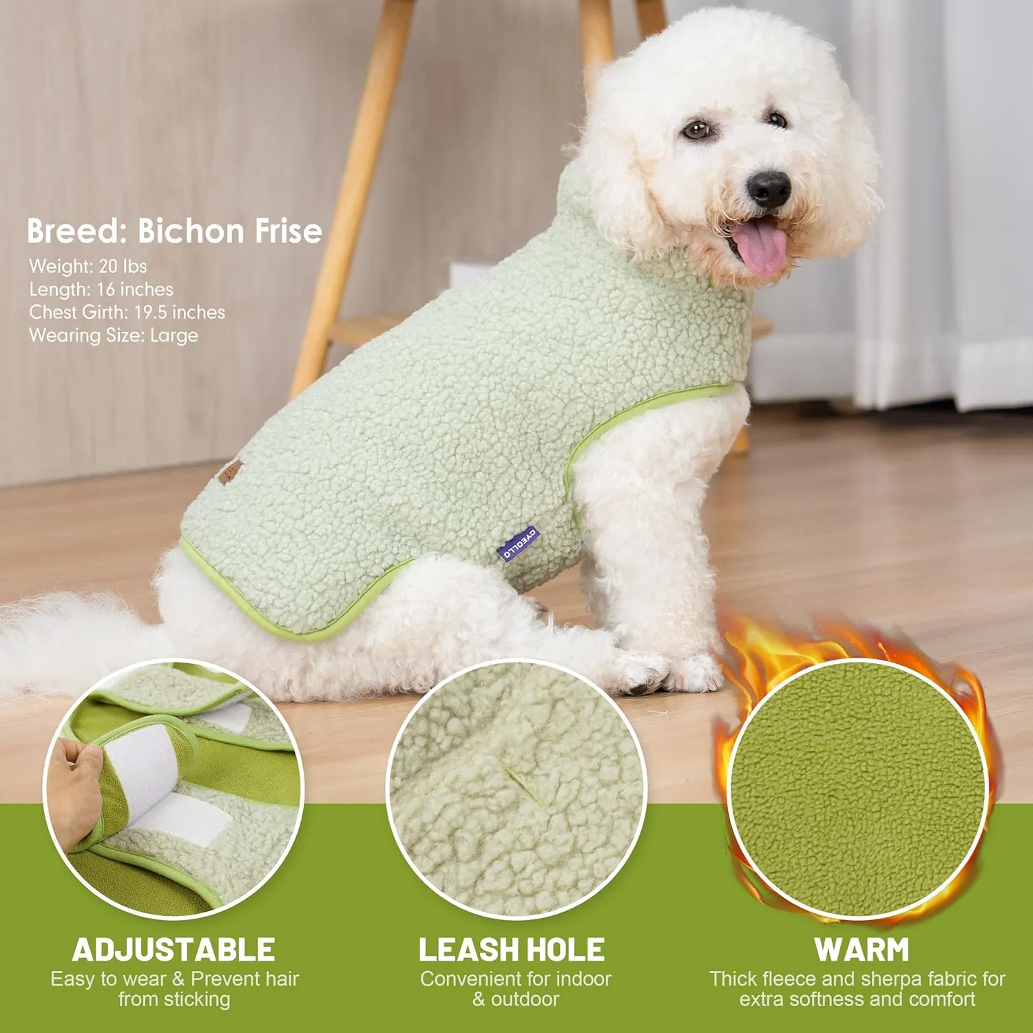 Cyeollo Warm Dog Coat - Fleece Sherpa Winter Sweater, Turtleneck Dog Jacket with Leash Hole, Soft Reversible Coat for Cold Weather, Green, S-M-L