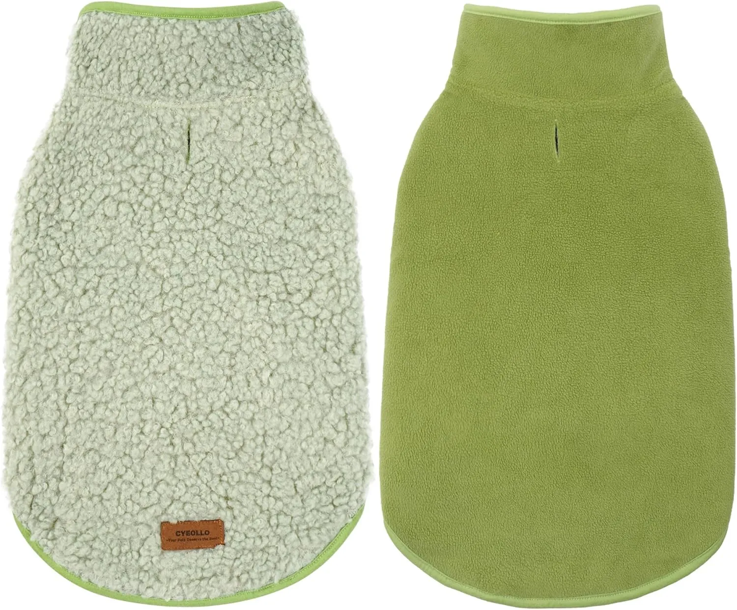 Cyeollo Warm Dog Coat - Fleece Sherpa Winter Sweater, Turtleneck Dog Jacket with Leash Hole, Soft Reversible Coat for Cold Weather, Green, S-M-L