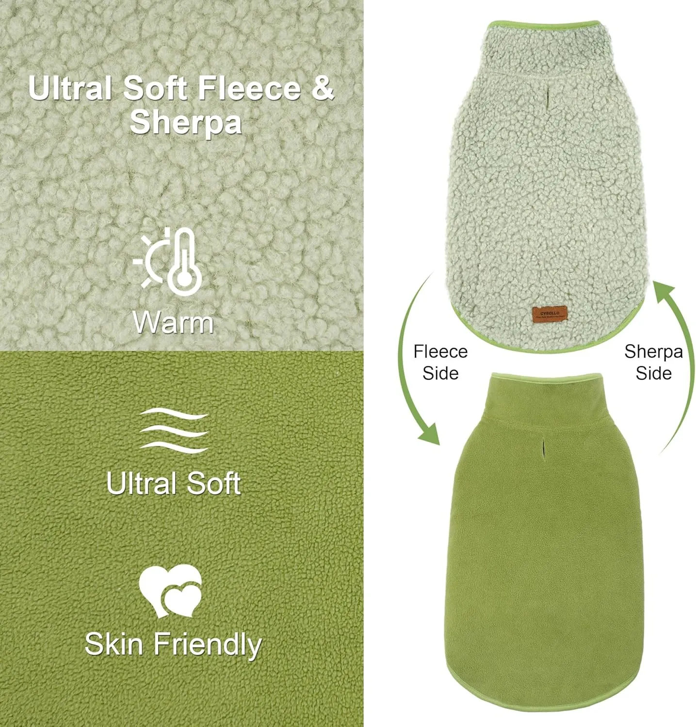 Cyeollo Warm Dog Coat - Fleece Sherpa Winter Sweater, Turtleneck Dog Jacket with Leash Hole, Soft Reversible Coat for Cold Weather, Green, S-M-L