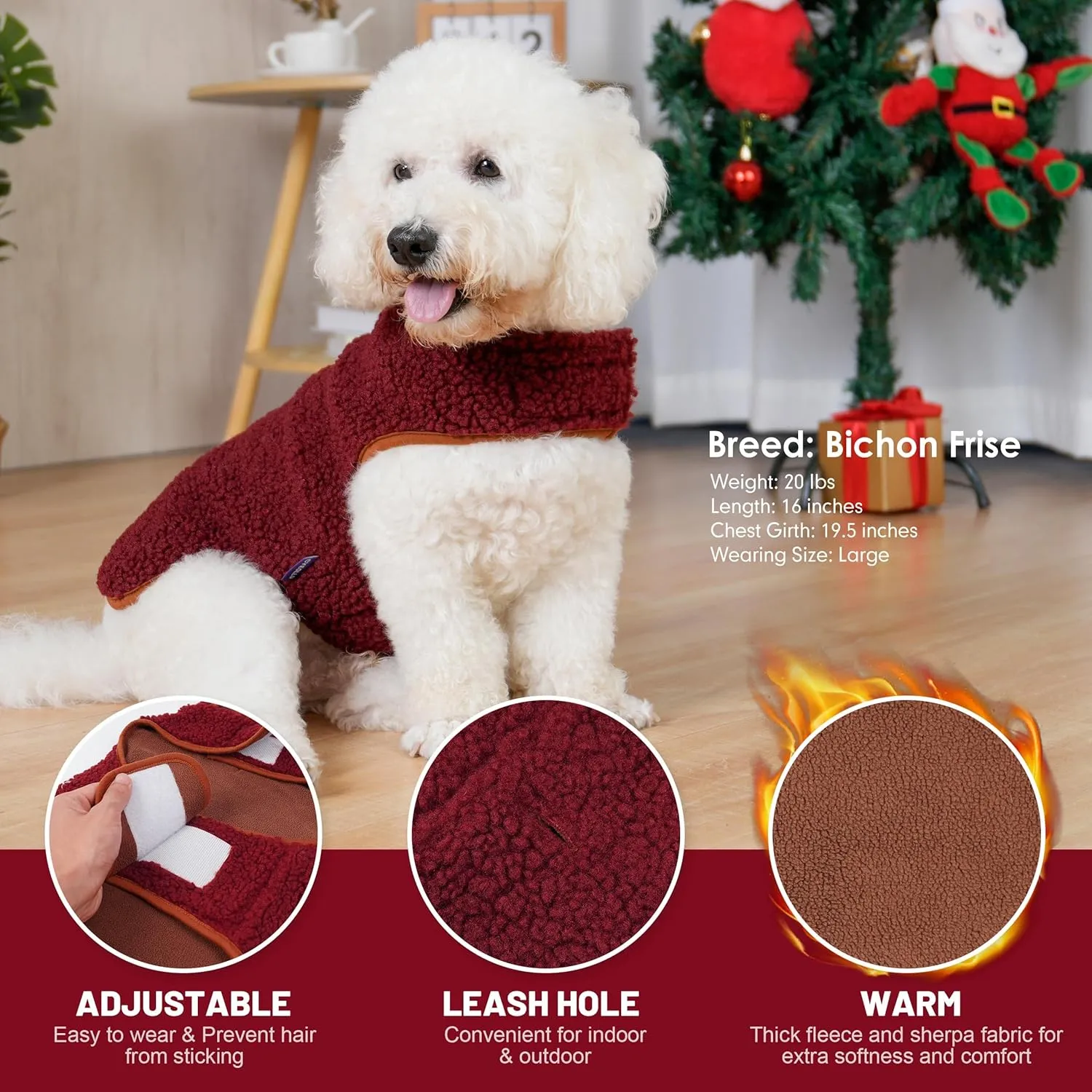 Cyeollo Warm Dog Coat - Fleece Sherpa Winter Sweater, Turtleneck Jacket Vest for Small to Large Dogs, Soft Reversible Coats for Cold Weather, Burgundy, L