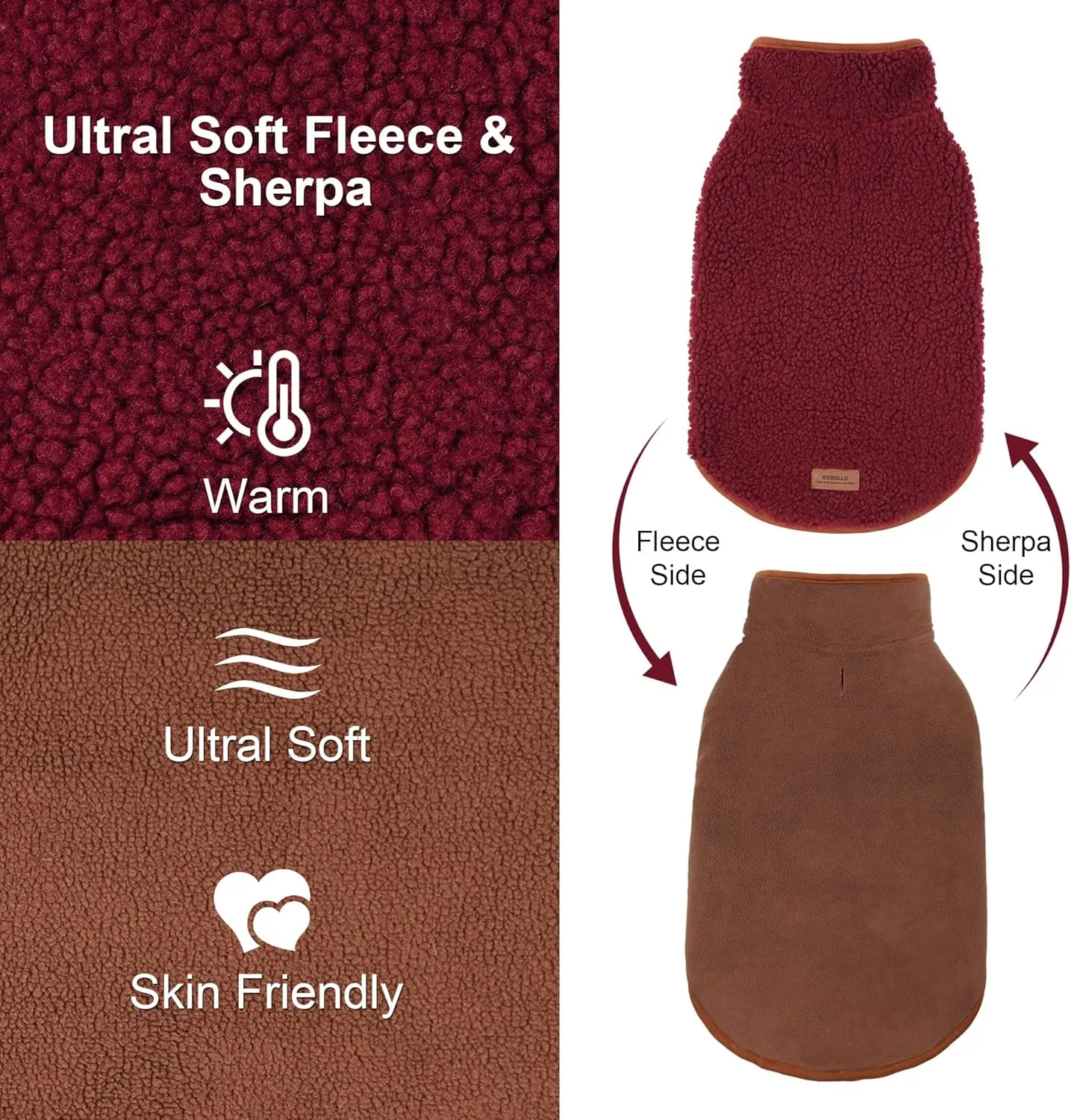 Cyeollo Warm Dog Coat - Fleece Sherpa Winter Sweater, Turtleneck Jacket Vest for Small to Large Dogs, Soft Reversible Coats for Cold Weather, Burgundy, L