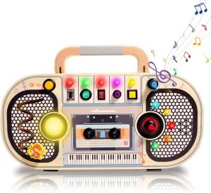 Cyiecw Montessori Wooden Busy Board with 11 LED Light, Sensory Toys Light Switch for Toddlers 1  Year Old, 5 Music Toggle Switches Toy Educational Activity Board, Birthday Gift for Boys Girls