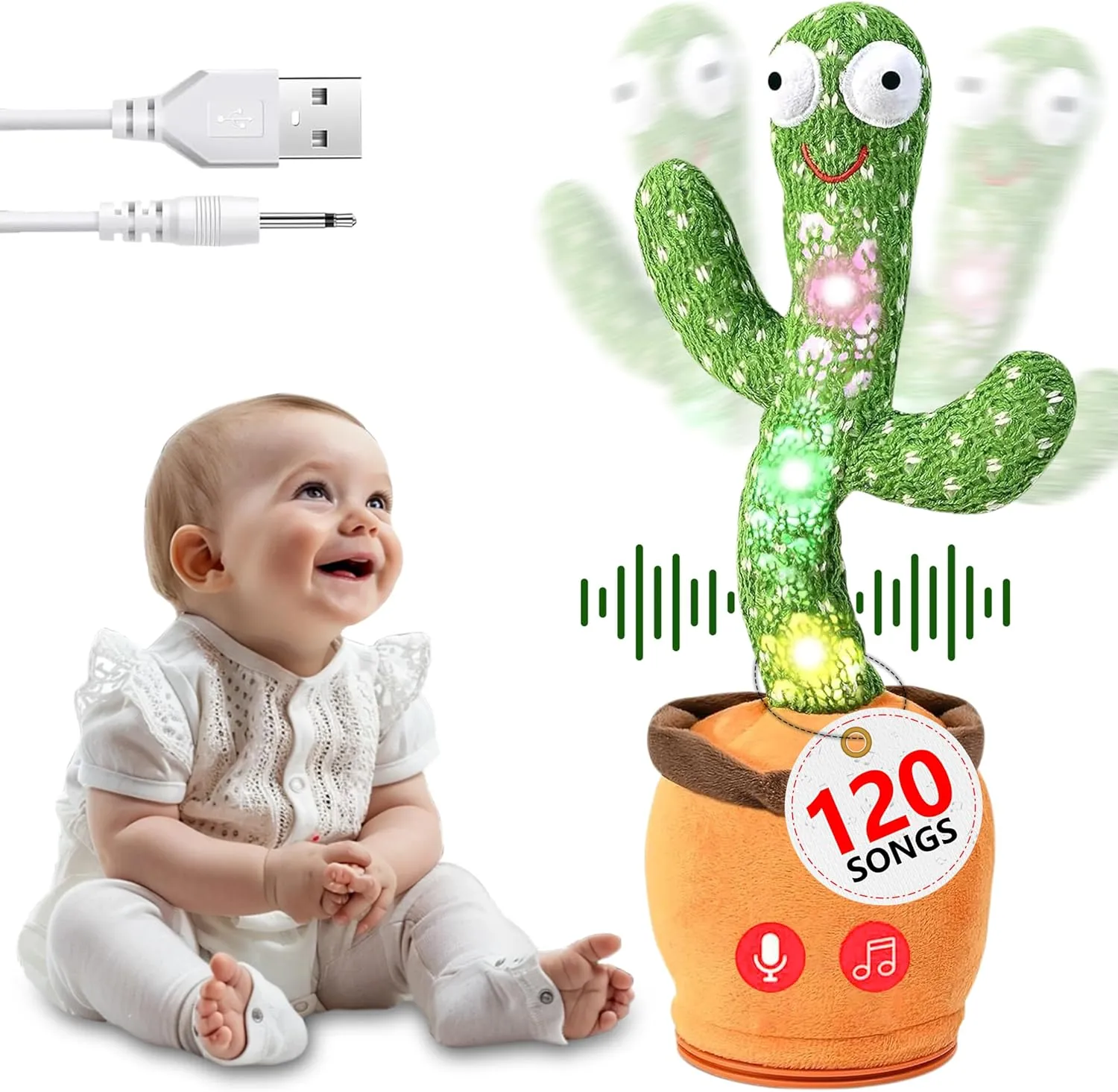 Dancing Cactus Toy for Kids – Mimicking & Talking Cactus Toy Repeats What You Say – 120 Songs, 15s Voice Recorder, LED Light-Up, Funny Dancing Plush in Pot - Gift for Toddlers & Adults