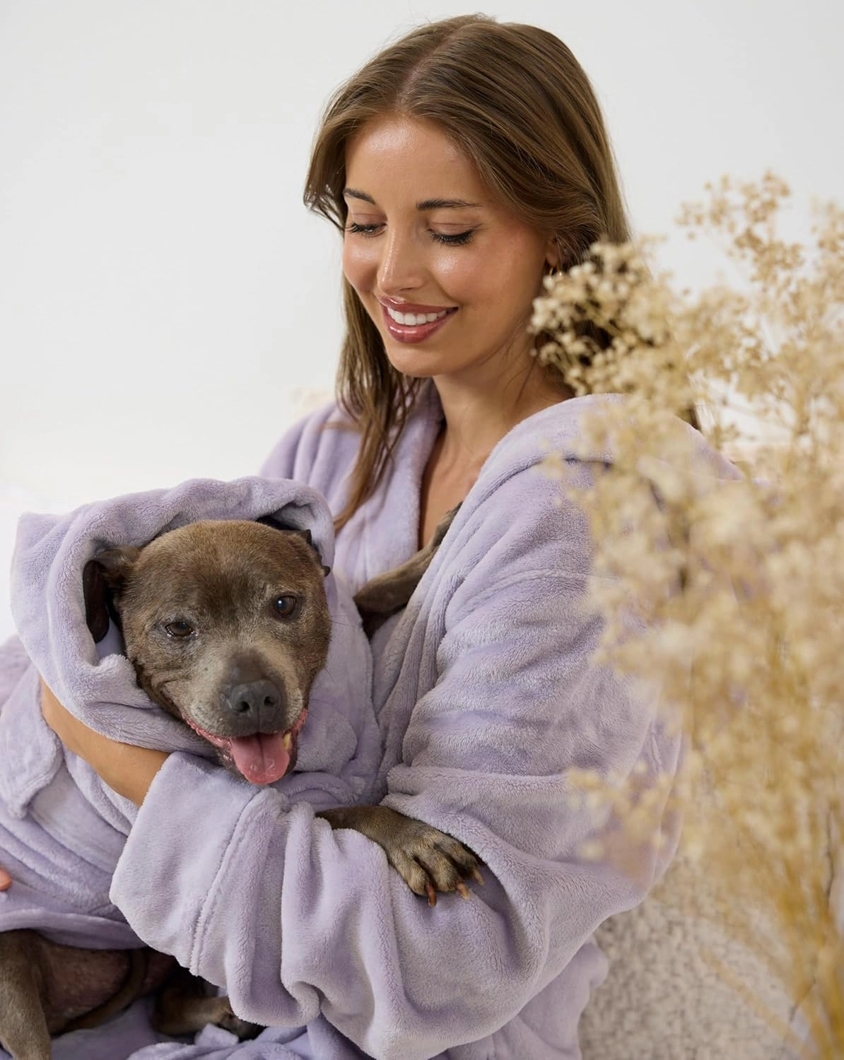 Darren & Phillip Snuggle Buddy Calming Dog Robe | Lilac Ultra-Soft, Plush Robe for Dogs, Cozy & Warm Pet Bathrobe with Adjustable Fit, Body Strap Calms Dogs, Matches Women's Plush Robe