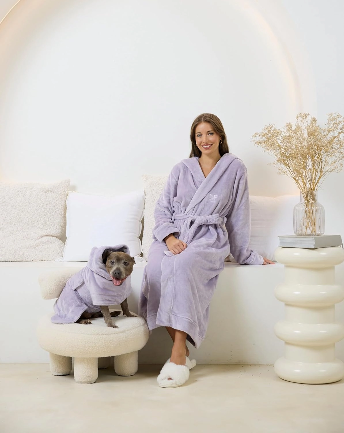 Darren & Phillip Snuggle Buddy Calming Dog Robe | Lilac Ultra-Soft, Plush Robe for Dogs, Cozy & Warm Pet Bathrobe with Adjustable Fit, Body Strap Calms Dogs, Matches Women's Plush Robe