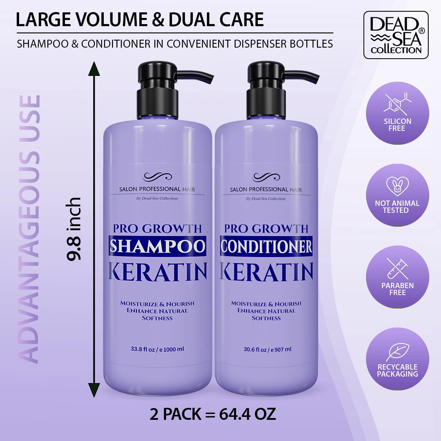 Dead Sea Collection Shampoo and Conditioner Set for Strengthening and Volume - Pure Dead Sea Minerals and Keratin – Hair Care - Nutrition, Repair and Shine - Pack of 2 (33.8 & 30.6 Fl. Oz)