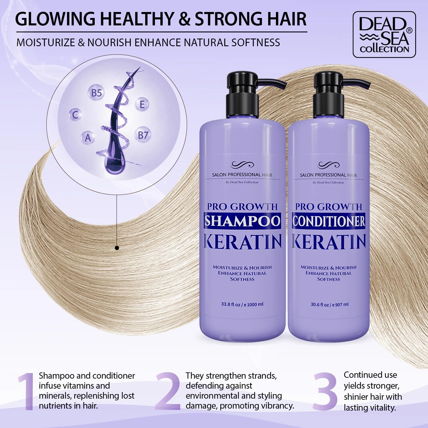 Dead Sea Collection Shampoo and Conditioner Set for Strengthening and Volume - Pure Dead Sea Minerals and Keratin – Hair Care - Nutrition, Repair and Shine - Pack of 2 (33.8 & 30.6 Fl. Oz)
