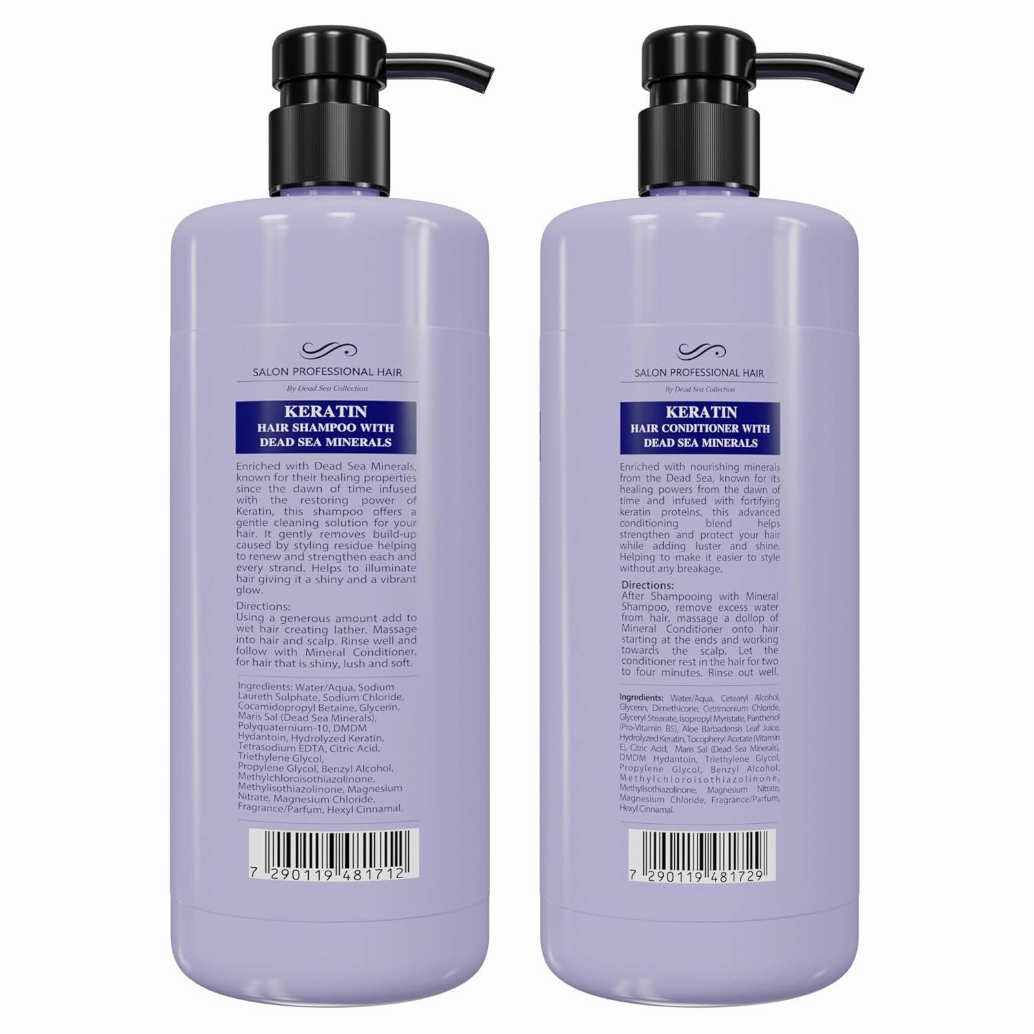 Dead Sea Collection Shampoo and Conditioner Set for Strengthening and Volume - Pure Dead Sea Minerals and Keratin – Hair Care - Nutrition, Repair and Shine - Pack of 2 (33.8 & 30.6 Fl. Oz)