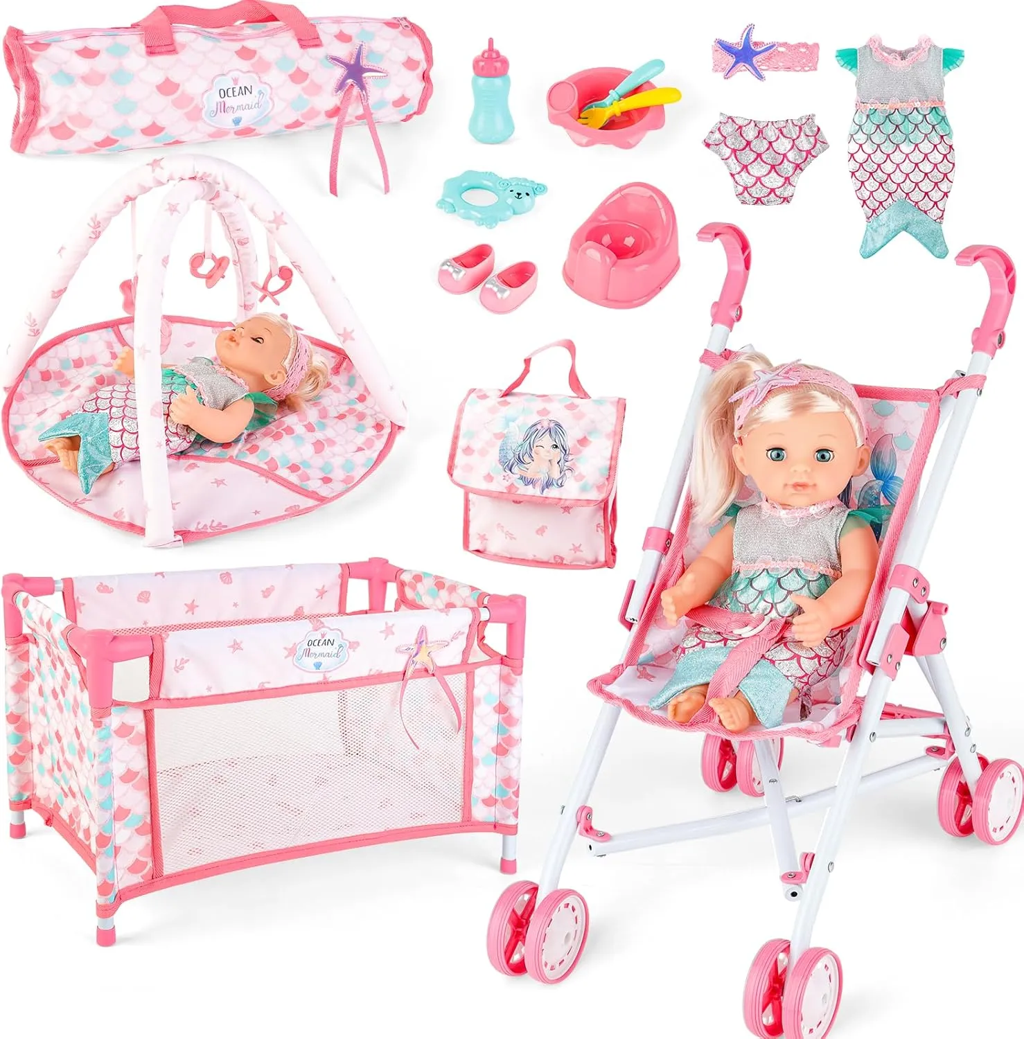 deAO Baby Doll Stroller Crib Bed Nursery Role Play Set Baby Doll Accessories and Play Mat,Travel Cot,Foldable Stroller and Travel Bag Birthday for Girls Boys Kids