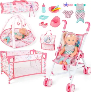 deAO Baby Doll Stroller Crib Bed Nursery Role Play Set Baby Doll Accessories and Play Mat,Travel Cot,Foldable Stroller and Travel Bag Birthday for Girls Boys Kids