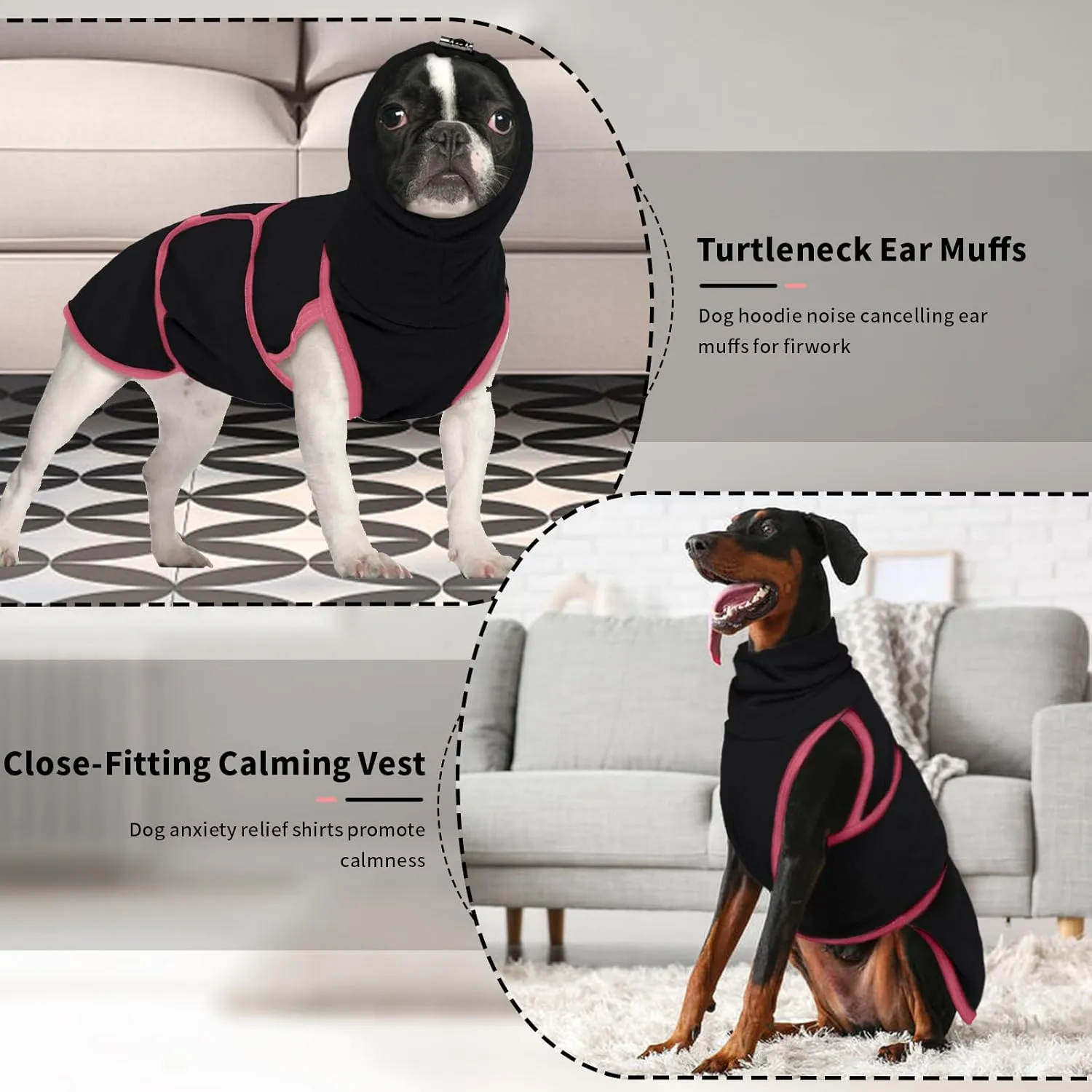 DENTRUN Dog Calming Vest Anxiety Relief Shirts with Ear Wraps, Soft Dog Hoodie Noise Cancelling Ear Muffs for Firwork, Comfort Winter Warm Sweater Turtleneck Cold Weather Cozy Coat for Medium Dog