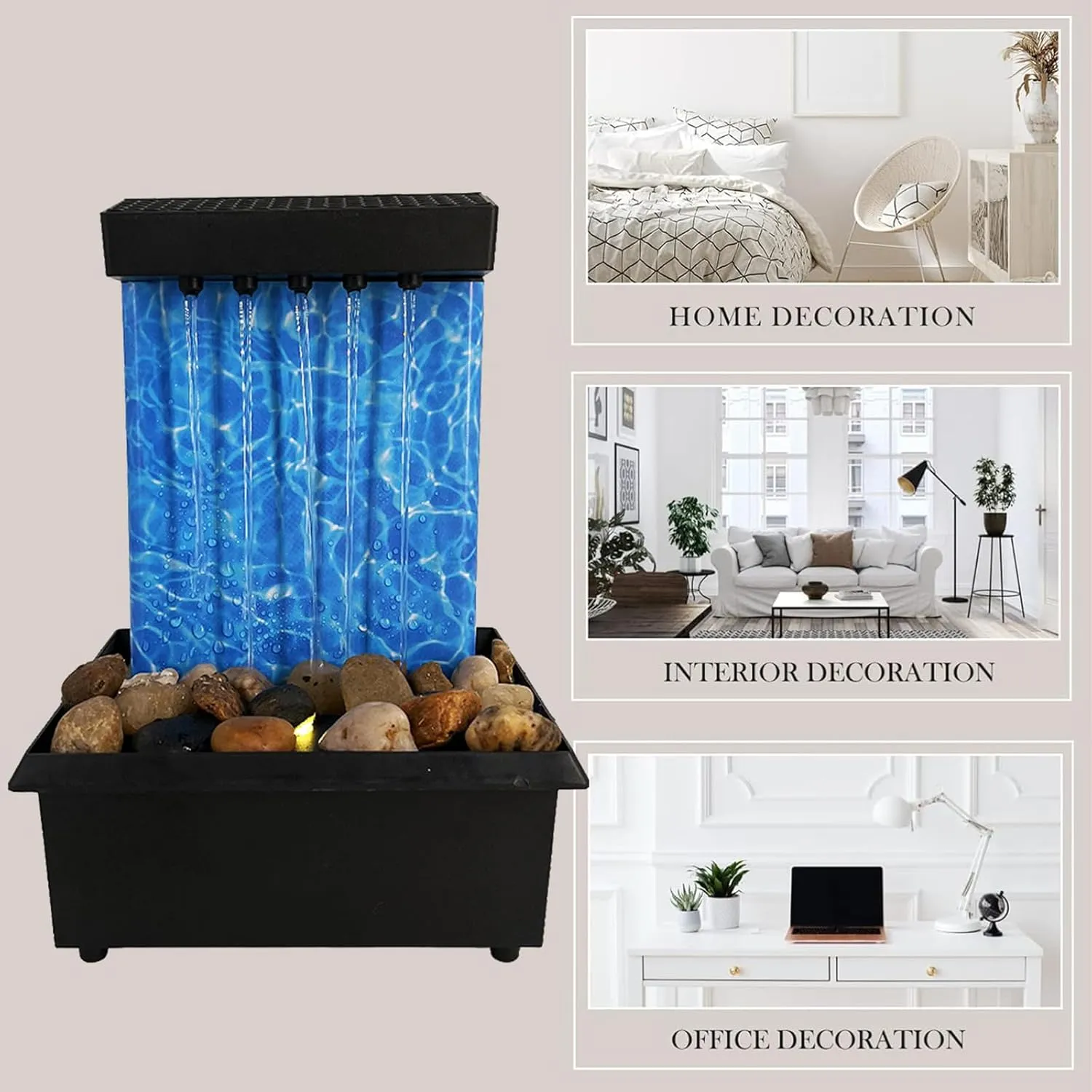 Desk Fountain Indoor Waterfall Tabletop Fountain USB/Battery Operated Waterfall Fountain Chinese Water Feature with LED Light,River Rocks for Home Office Decor Zen Relaxation Yoga Gifts (C)