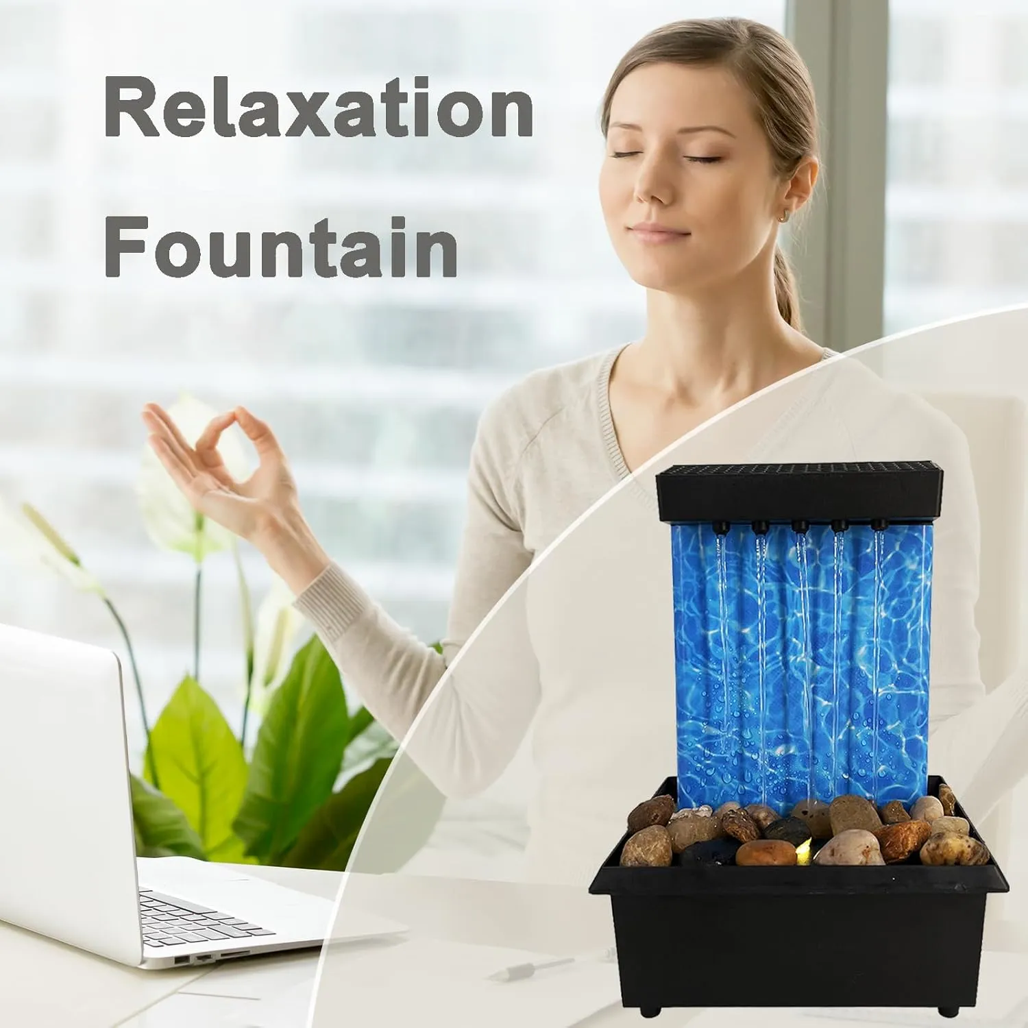 Desk Fountain Indoor Waterfall Tabletop Fountain USB/Battery Operated Waterfall Fountain Chinese Water Feature with LED Light,River Rocks for Home Office Decor Zen Relaxation Yoga Gifts (C)